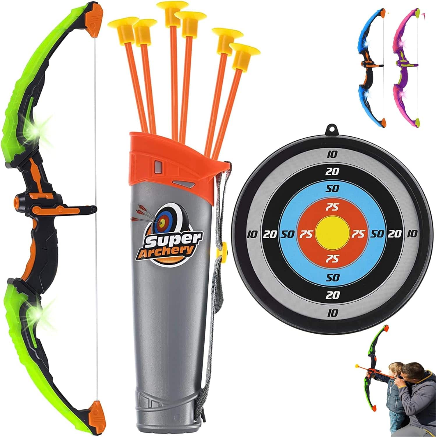 Toyvelt - Kids Bow and Arrow Set - Light-Up Archery Set with Suction Arrows, Target and Quiver - Green