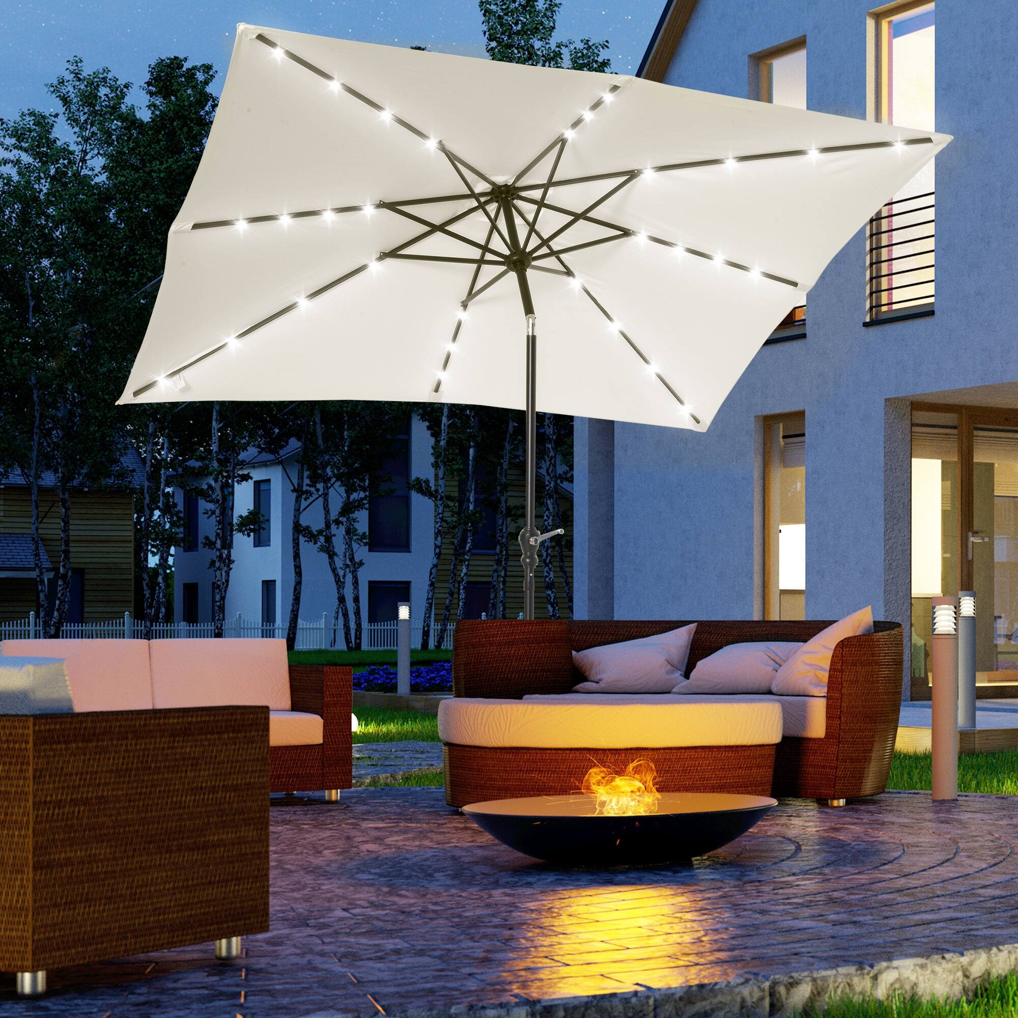 Angle. Outsunny - 9' x 7' Solar Umbrella, LED Lighted Patio Umbrella for Table or Base with Tilt & Crank, Outdoor Umbrella for Garden - Cream White.
