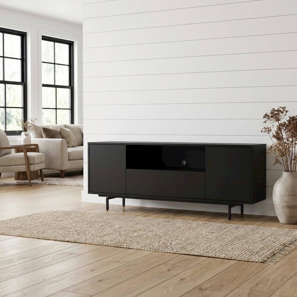 Angle. FurniFact - Black Laminate TV Console with 3 Doors and Modern Design - Black.