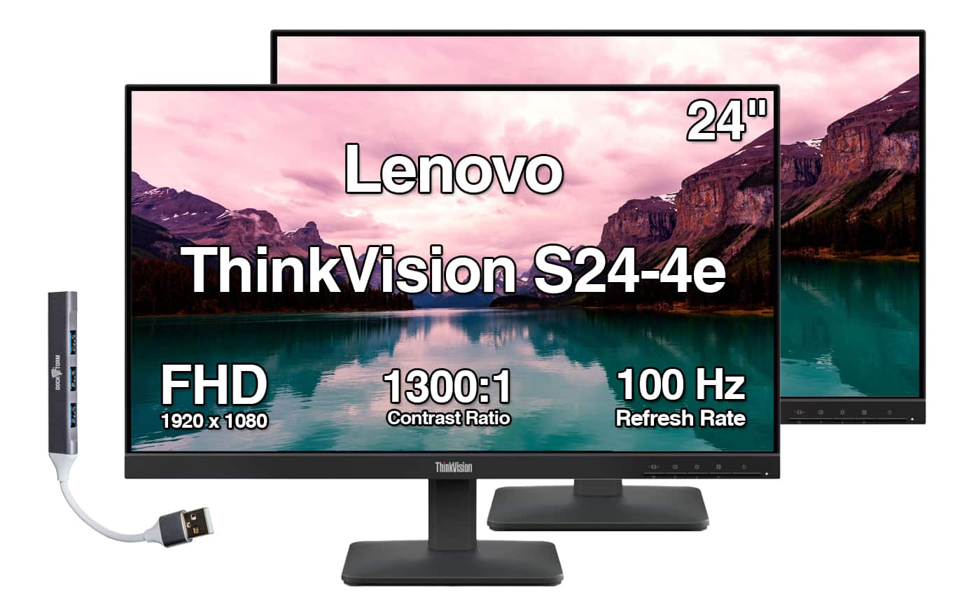 Lenovo - ThinkVision S24-4e 24" FHD IPS Monitor, 4ms Response Time, Anti-Glare, Flicker Free & DKZ Hub (64B5KAT1UZ) 2Pack - Black