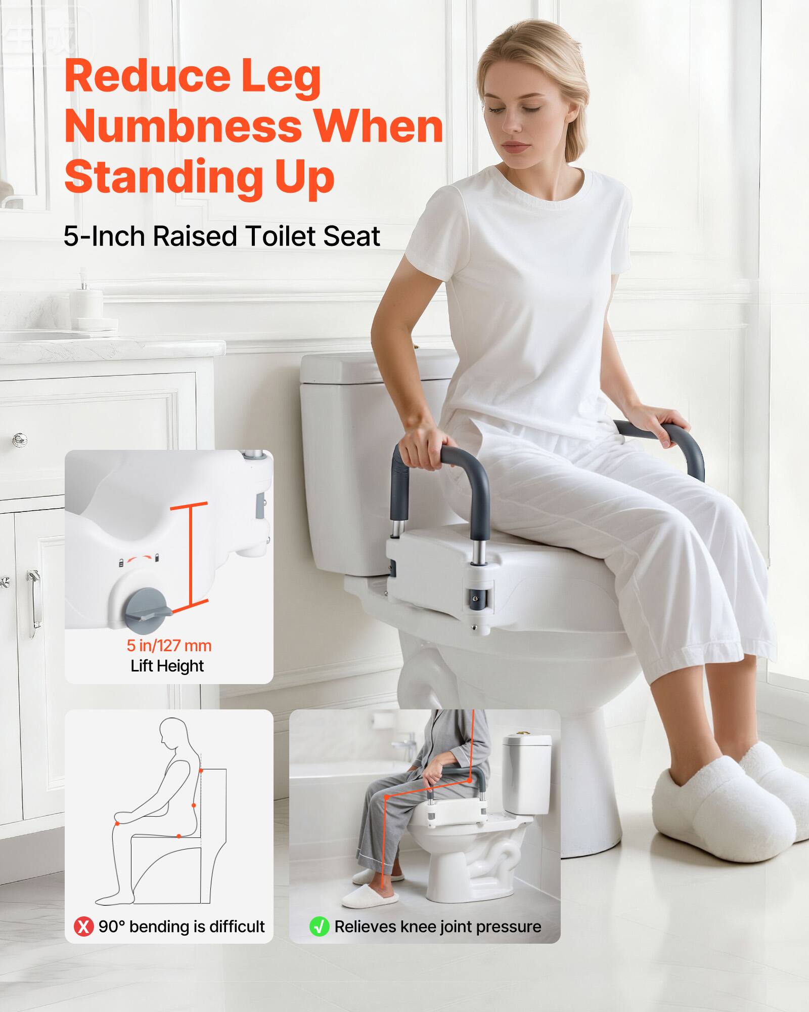 Reduce Leg Numbness When Standing Up

5-Inch Raised Toilet Seat

5 in/127 mm Lift Height

90° bending is difficult

Relieves knee joint pressure