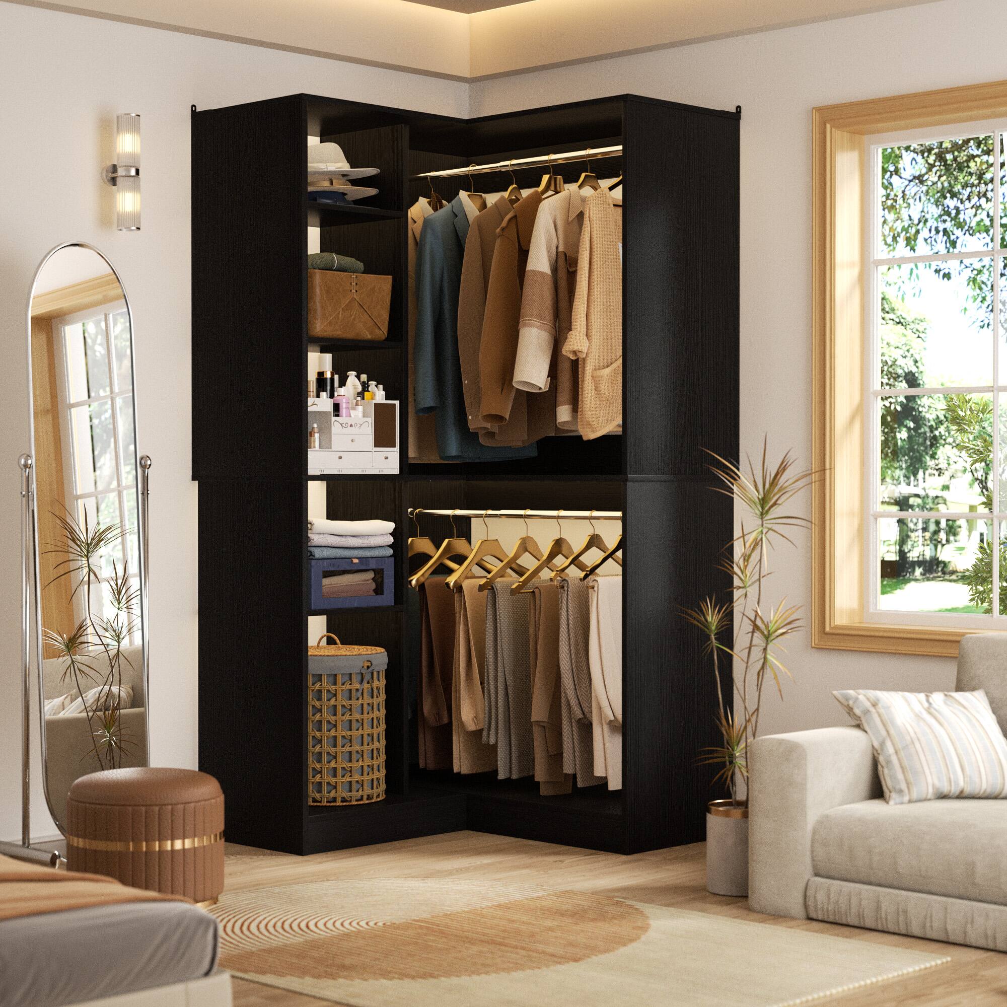 Back. Aheaplus - 36"Corner Closet Organizer: Freestanding System With 2 Rods & 8 Shelves (36"W x 16"D x 80"H) - Black.