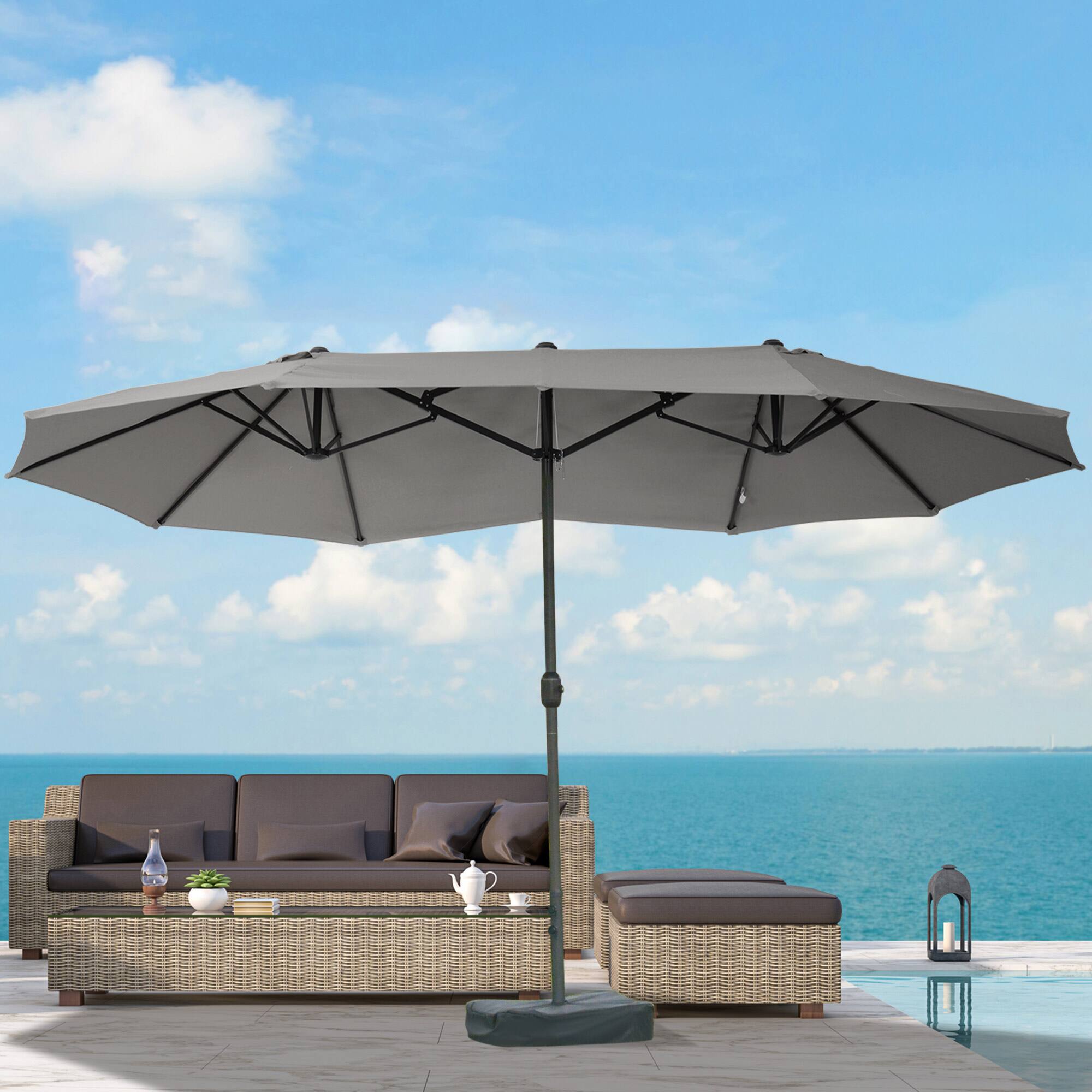 Angle. Outsunny - Large Patio Umbrella with Base Included, 15' Steel Rectangular Double Sided Outdoor Umbrella - Dark Grey/Charcoal grey.