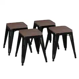 Flash Furniture - Kai 18" Backless Table Height Stool with Wooden Seat, Stackable Metal Indoor Dining Stool, Commercial Grade - Set - Black