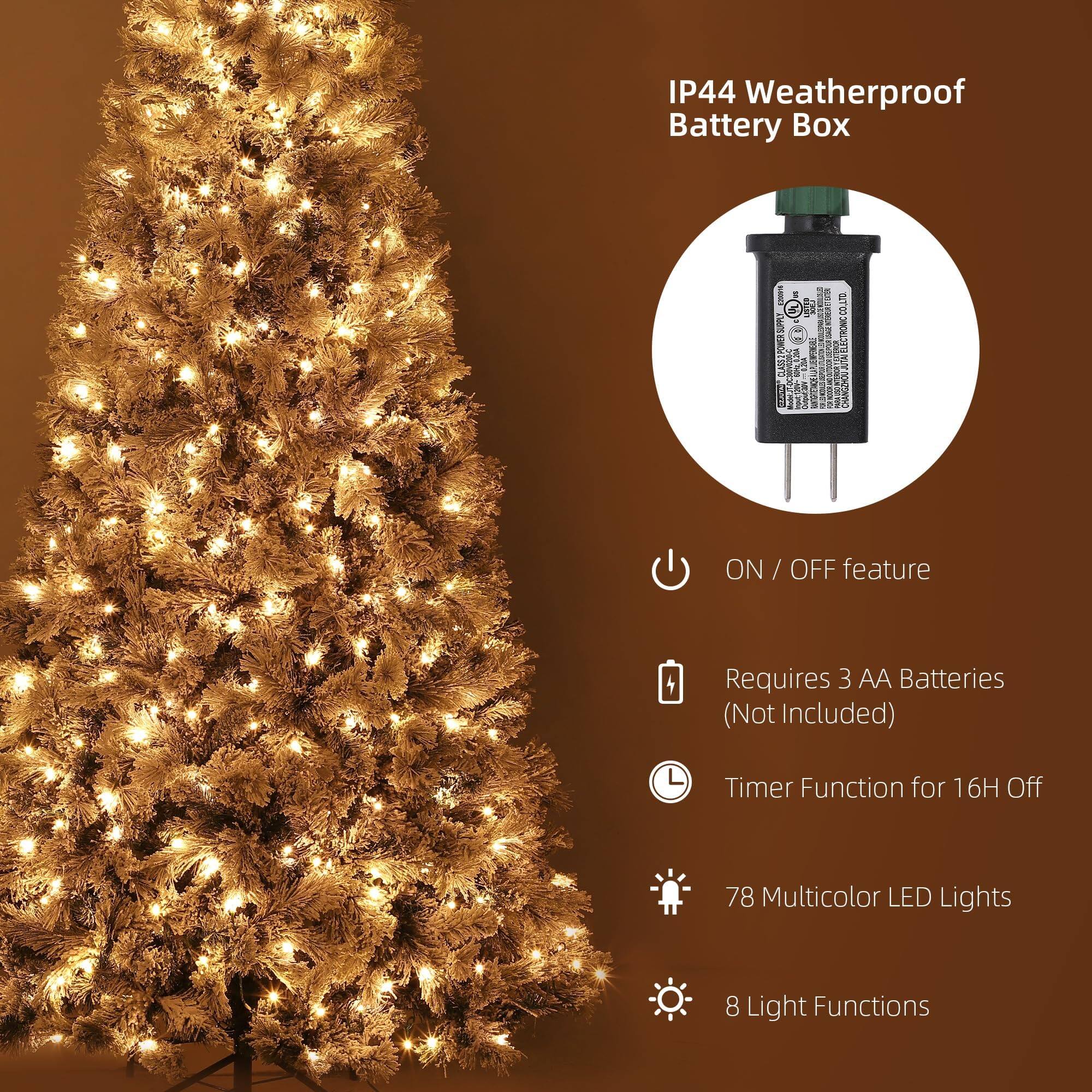 IP44 Weatherproof Battery Box

- ON / OFF feature
- Requires 3 AA Batteries (Not Included)
- Timer Function for 16H Off
- 78 Multicolor LED Lights
- 8 Light Functions