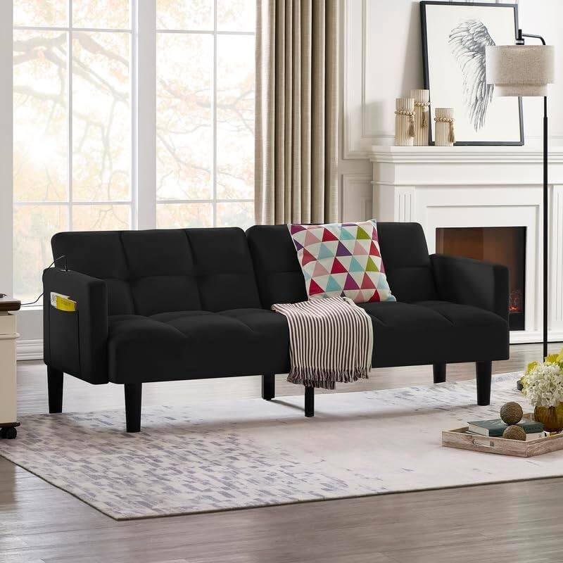 Front. Trinkets Crazed - Velvet Futon Couch Convertible Folding Sofa Bed Tufted Couch for Apartment - black.
