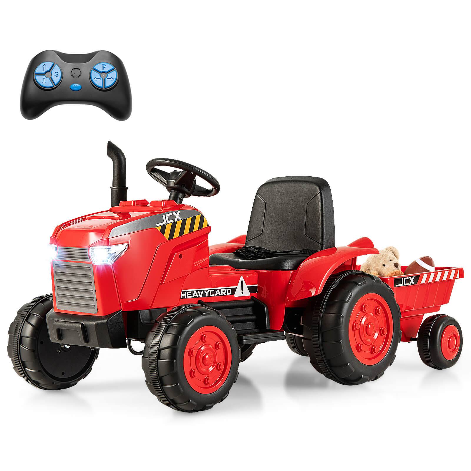 Costway - 2-in-1 Electric Toy Car 12V Kids Ride On Tractor w/Trailer Remote Control Lights - Red