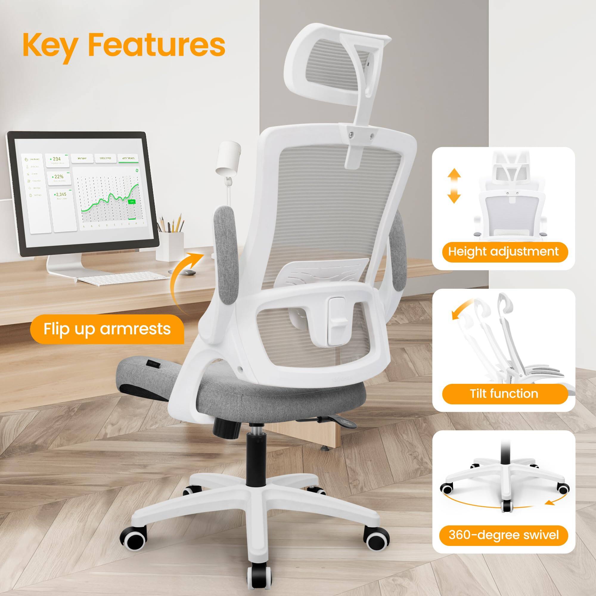 Key Features

- Height adjustment
- Flip up armrests
- Tilt function
- 360-degree swivel
