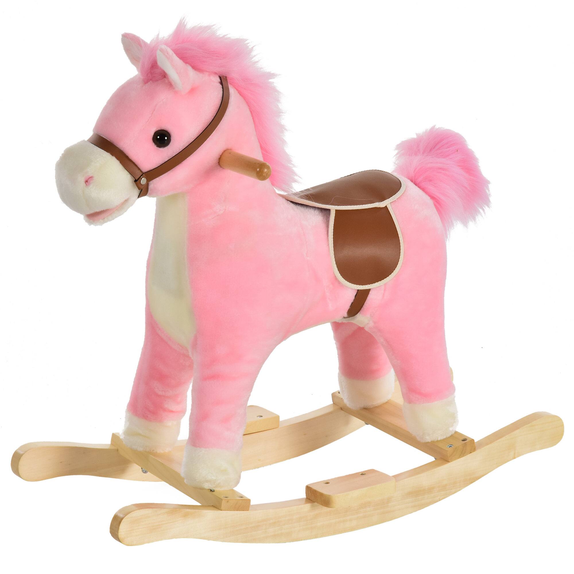 Front. Glintex - Plush Rocking Horse for Kids with Sounds, Moving Tail, and Sturdy Wooden Base - Pink.