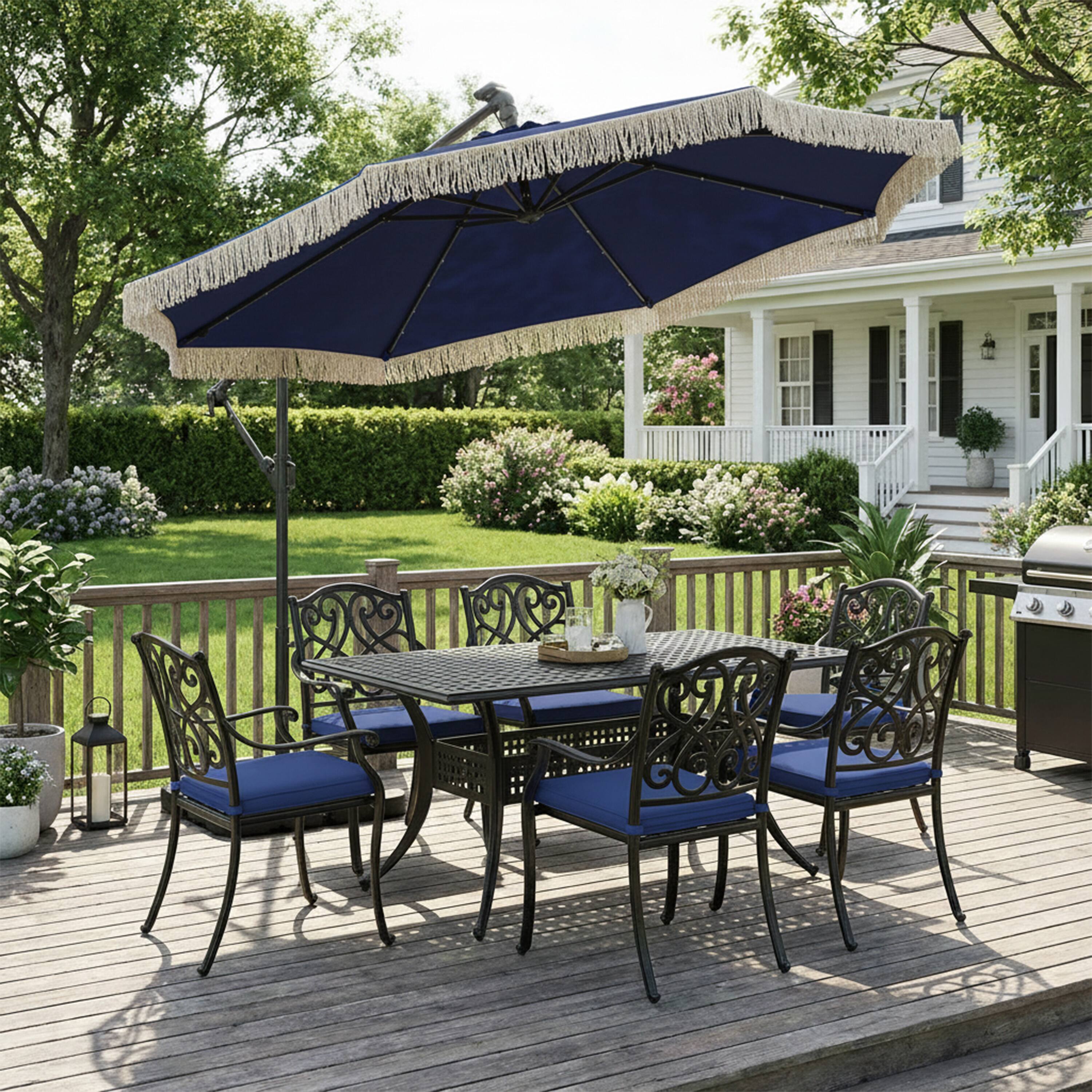 Alt View 1. Mondawe - 10ft Patio Offset Hanging Lighted Umbrella with Tassels - Navy.