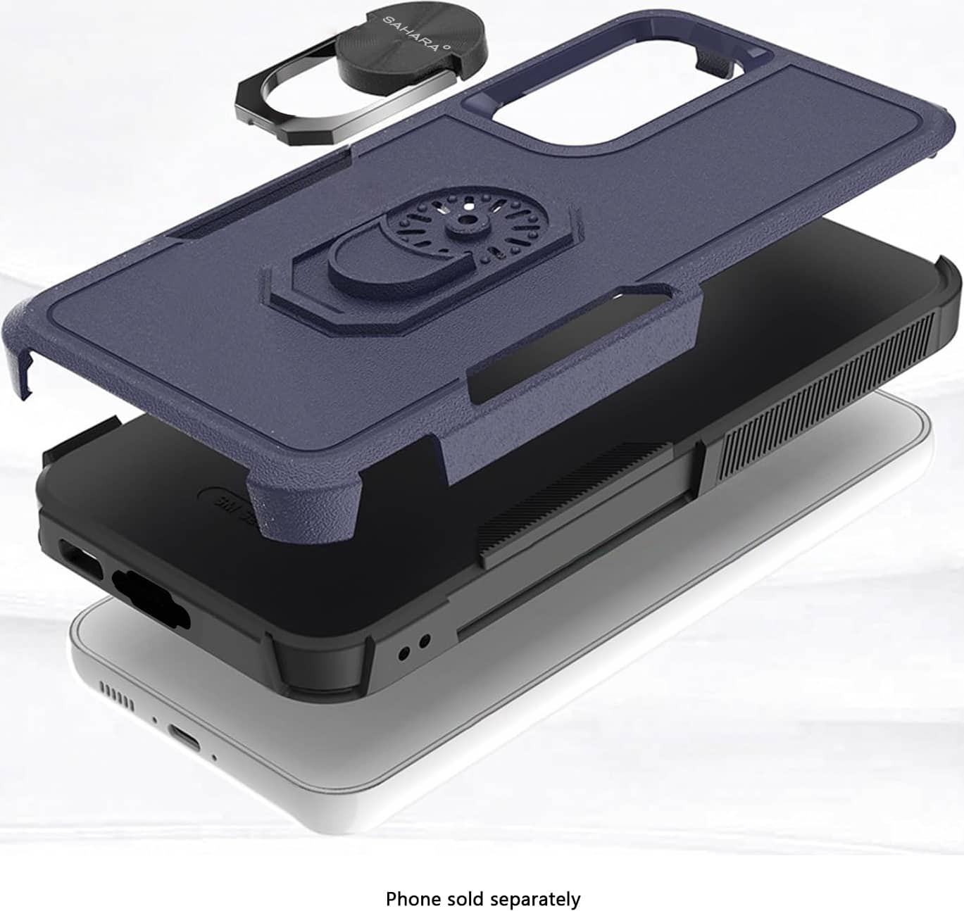 The image shows a phone case with a Sahara e 1 M phone that is sold separately. The case is made of black and blue materials and is designed to protect the phone. The phone is placed on top of the case, showcasing its compatibility with the case.
