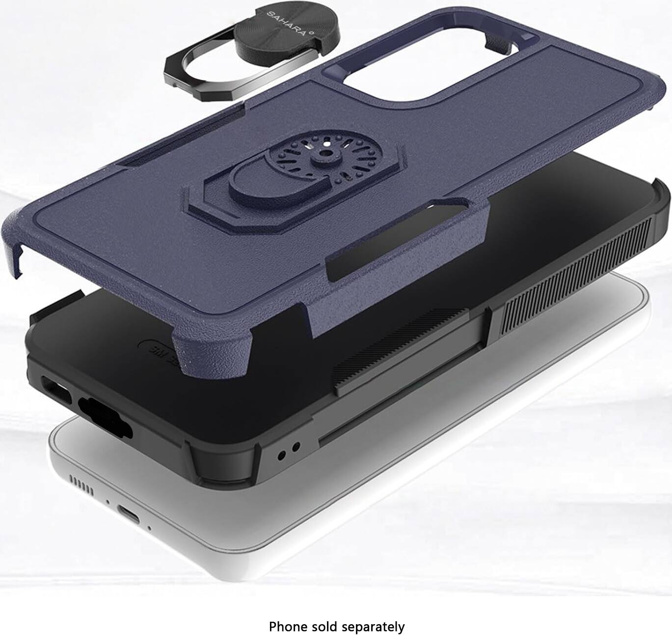 The image shows a phone case with a Sahara e 1 M phone that is sold separately. The case is made of black and blue materials and is designed to protect the phone. The phone is placed on top of the case, showcasing its compatibility with the case.