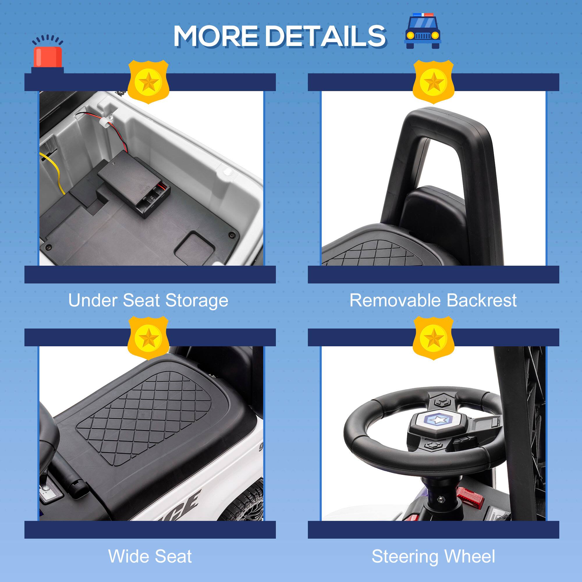 MORE DETAILS

- Under Seat Storage
- Removable Backrest
- Wide Seat
- Steering Wheel