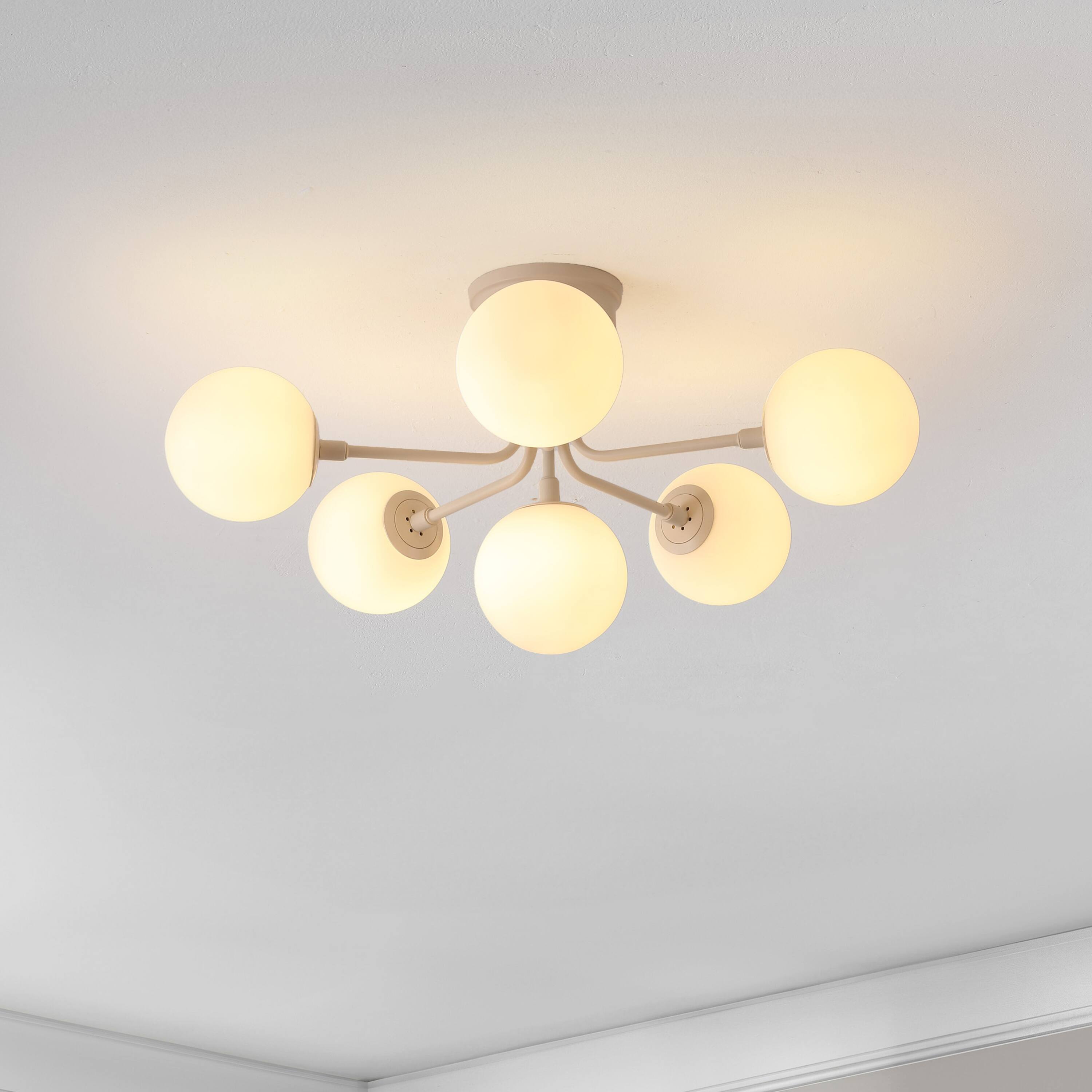 Alt View 1. Jonathan Y - Olivier Parisian 24" 6-Light Globe Modern Industrial Iron Bistro LED Semi Flush Mount, Almond - Almond/White.