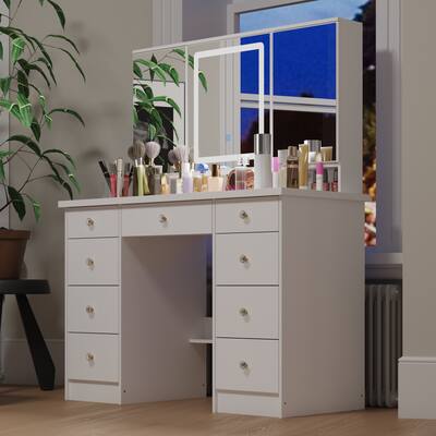 Famapy LED Tri Fold Mirror Vanity Desk Set Adjustable Color Temperature Dimmable Lights Modern Dressing Table White BBFAZJ-KF210213-01 - Best Buy Famapy LED Tri Fold Mirror Vanity Desk Set Adjustable Color Temperature Dimmable Lights Modern Dressing Table White BBFAZJ-KF210213-01 - Best Buy