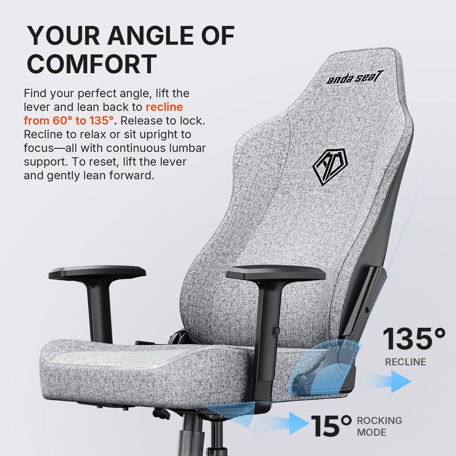 YOUR ANGLE OF COMFORT

Find your perfect angle, lift the lever and lean back to recline from 60° to 135°. Release to lock. Recline to relax or sit upright to focus—all with continuous lumbar support. To reset, lift the lever and gently lean forward.

anda seat

135° RECLINE

15° ROCKING MODE