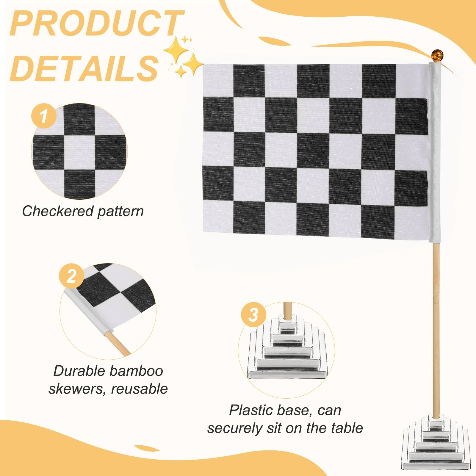 PRODUCT DETAILS

1. Checkered pattern

2. Durable bamboo skewers, reusable

3. Plastic base, can securely sit on the table