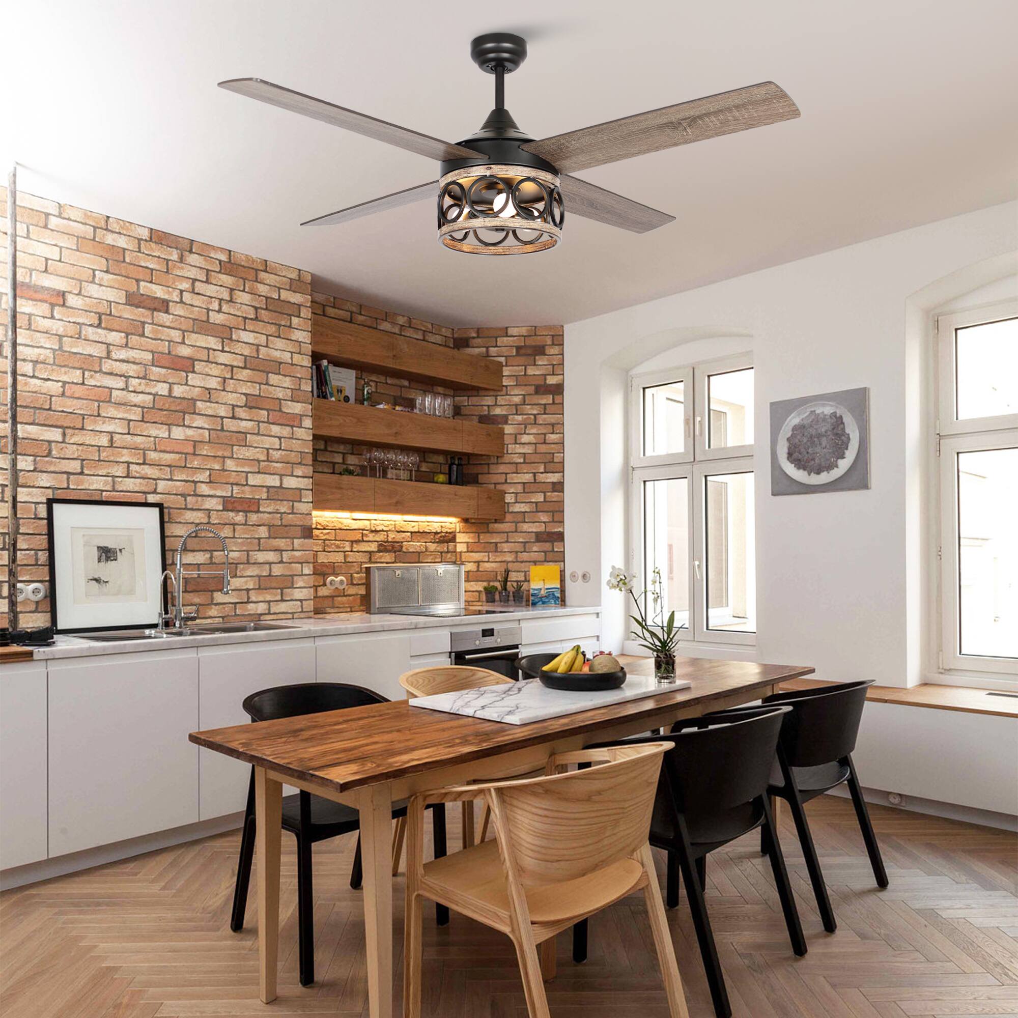 Left. Parrot Uncle - 52" Farmhouse 4-Blade Caged Ceiling Fan with Remote Control - Black.