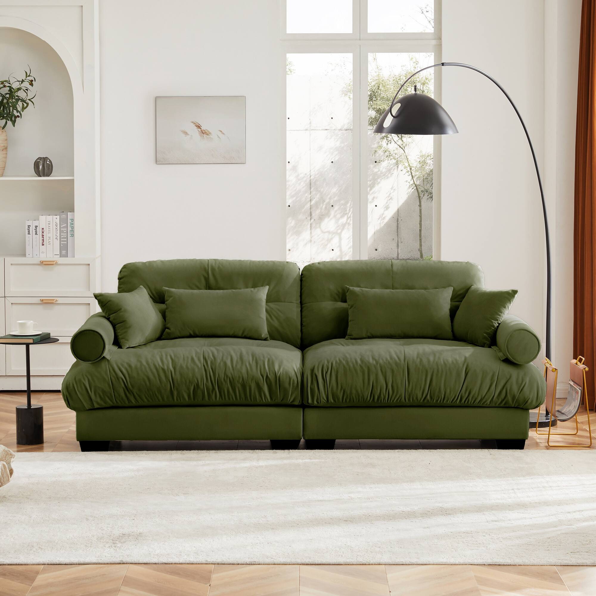 Angle. Trinkets Crazed - Velvet Loveseat Sofa,2 Seater Cloud Couch Small Couches for Small Spaces,Modern Deep Seat Couch,Oversized Loveseat - Olive Green.