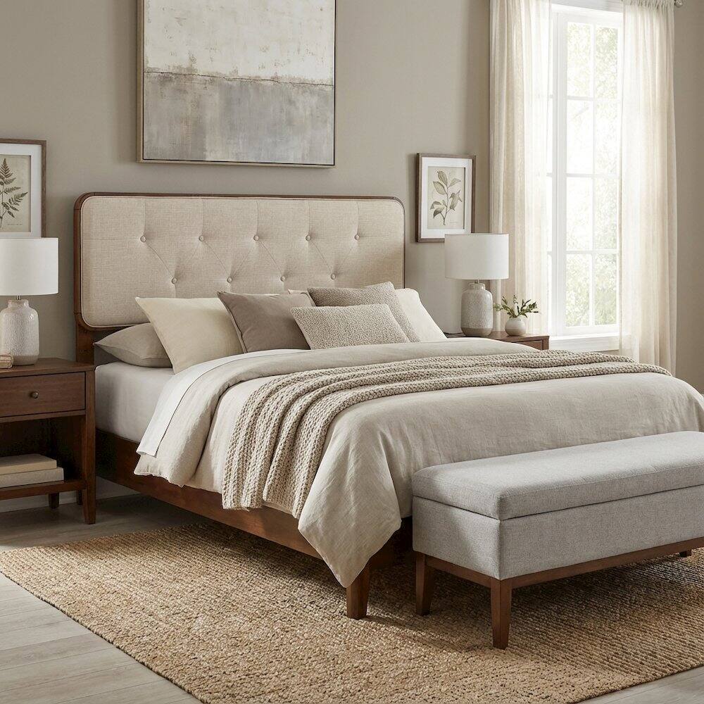 Left. FurniFact - Tufted Queen Headboard in Fabric and Wood with Sturdy Frame and Elegant Design - Brown.