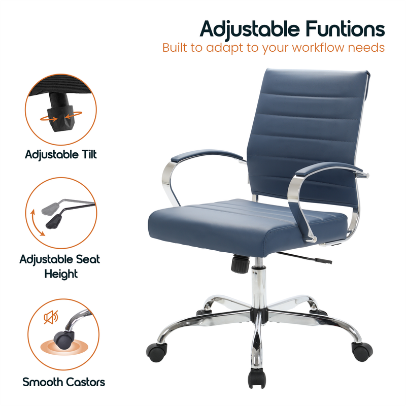 Adjustable Functions  
Built to adapt to your workflow needs  

- Adjustable Tilt  
- Adjustable Seat Height  
- Smooth Castors