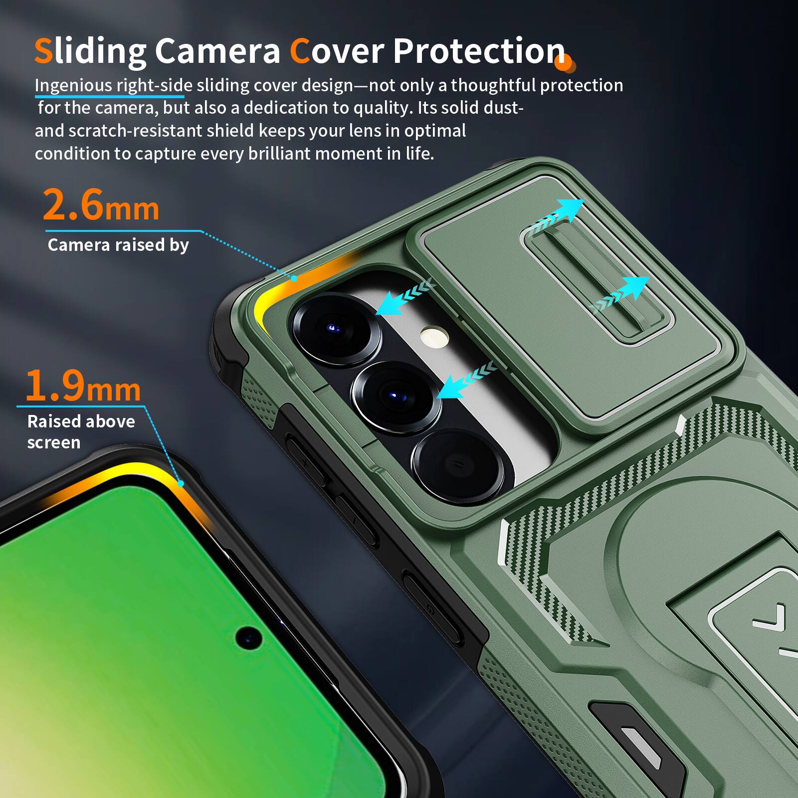 Sliding Camera Cover Protection

Ingenious right-side sliding cover design—not only a thoughtful protection for the camera, but also a dedication to quality. Its solid dust- and scratch-resistant shield keeps your lens in optimal condition to capture every brilliant moment in life.

2.6mm Camera raised by
1.9mm Raised above screen