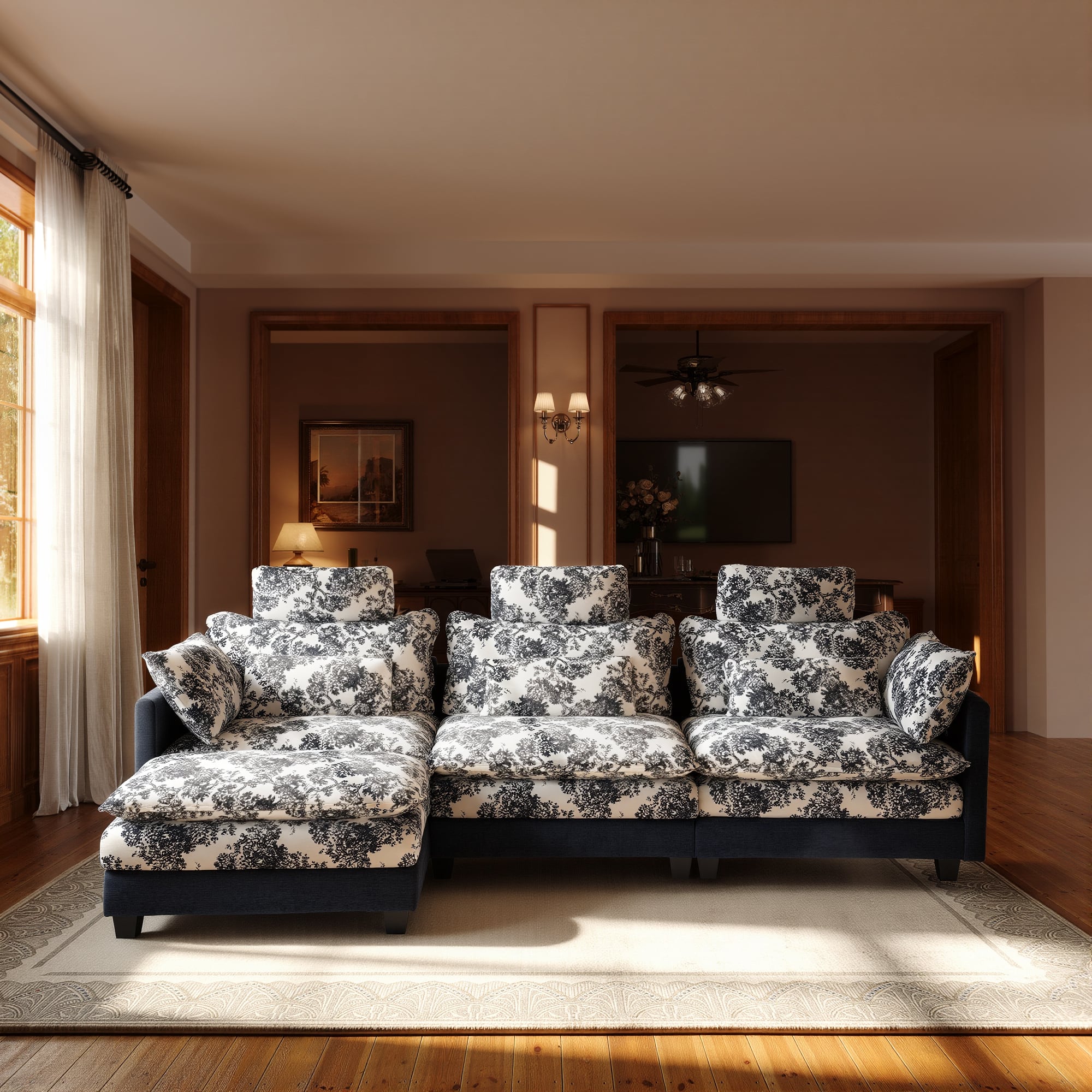 Front. Homsee - Vintage Floral Chenille Sectional Sofa, 4-Seater L-Shaped Couch with High Backrest, Spring Support & Plush Pillows - Dark Blue.