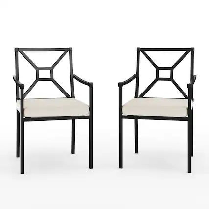 Front. Martha Stewart - Lily Pond 2PK All-Weather Steel Frame Stackable Patio Armchairs with Cushions - Cream Cushions/Black Frame.