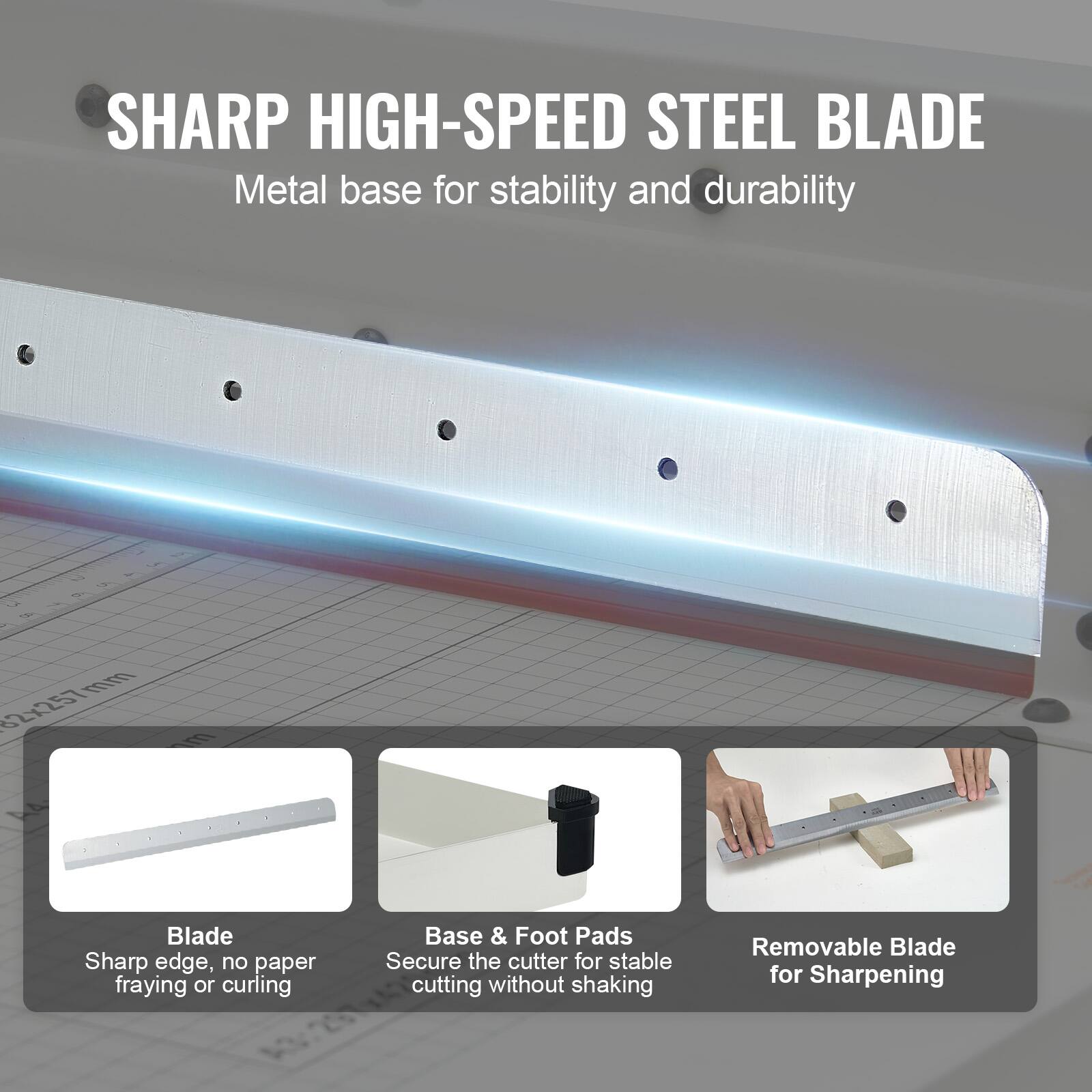 SHARP HIGH-SPEED STEEL BLADE  
Metal base for stability and durability  

- Blade  
  Sharp edge, no paper fraying or curling  

- Base & Foot Pads  
  Secure the cutter for stable cutting without shaking  

- Removable Blade for Sharpening