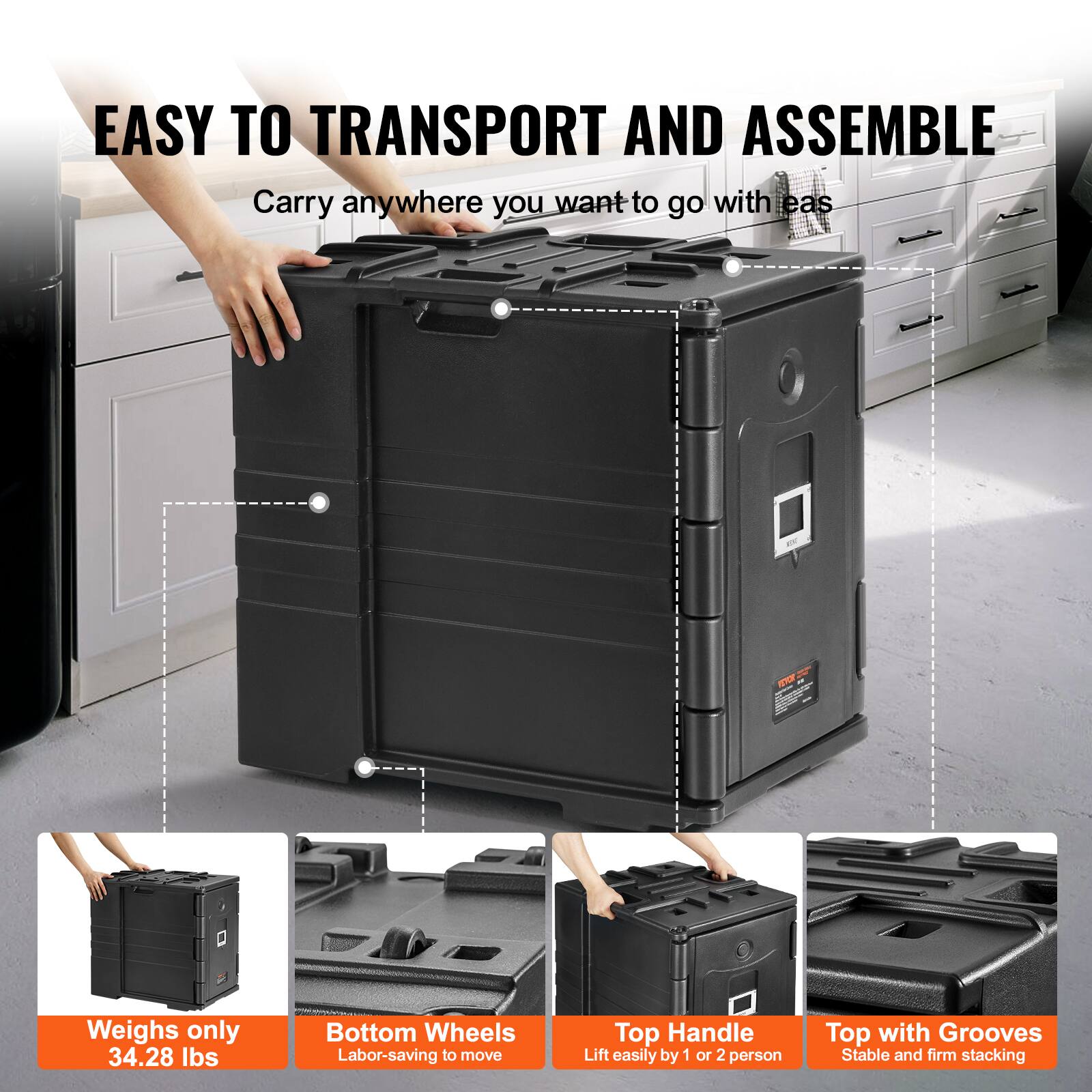 EASY TO TRANSPORT AND ASSEMBLE
Carry anywhere you want to go with ease
Weighs only 34.28 lbs
Bottom Wheels
Labor-saving to move
Top Handle
Lift easily by 1 or 2 person
Top with Grooves
Stable and firm stacking