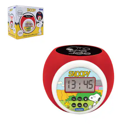 SNOOPY
Lacions 1
NET AJN no SHCODY
13:45
13 45
... ...
- n CLOCK ALARM PROJECTOR SNOOPY
13 3:45
Time Alarm Hour Min
8 Off
LEXIBOOK