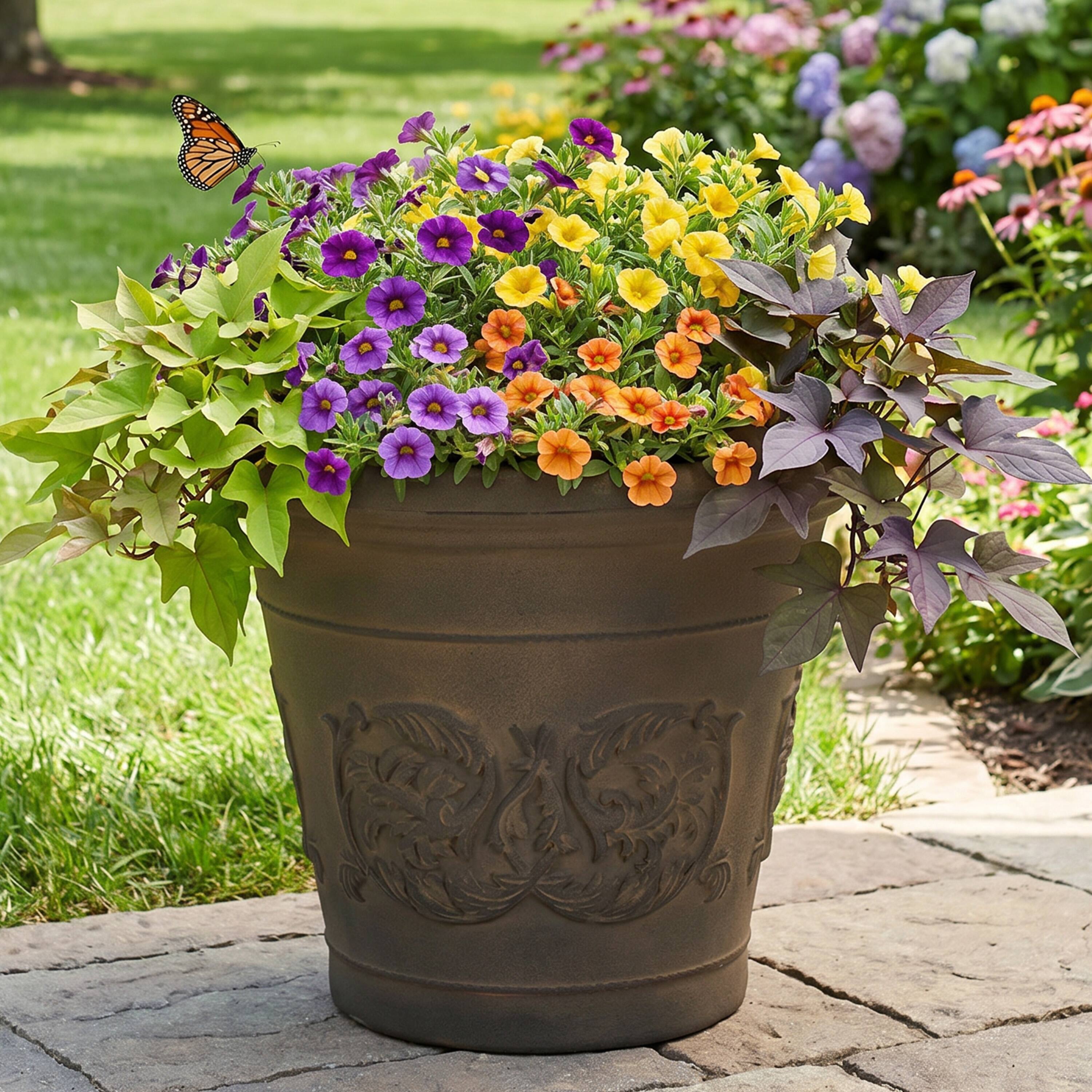 Alt View 1. Sunnydaze - 16 in Arabella Polyresin Outdoor Planter - Sable.