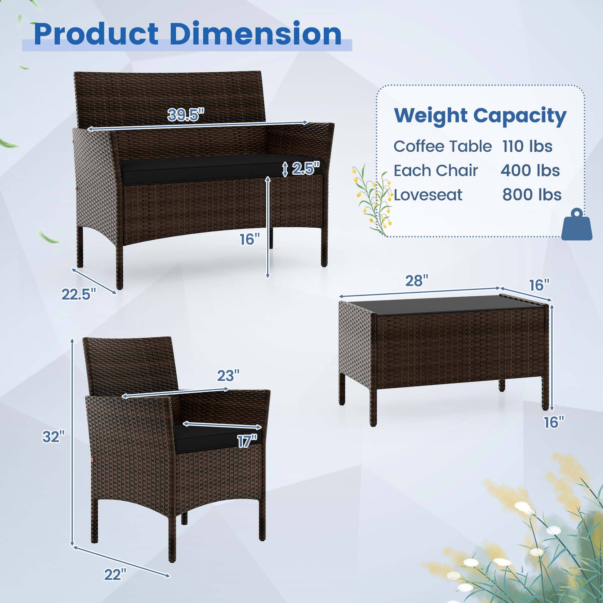 Product Dimensions:
- Coffee Table: 39.5" x 2.5"
- Each Chair: 110 lbs
- Loveseat: 800 lbs
- 16" x 22.5" x 28"
- 16" x 23" x 32"
- 17" x 16" x 22"
- 16" x 22" x 28"
- 16" x 23" x 32"
- 17" x 16" x 22"