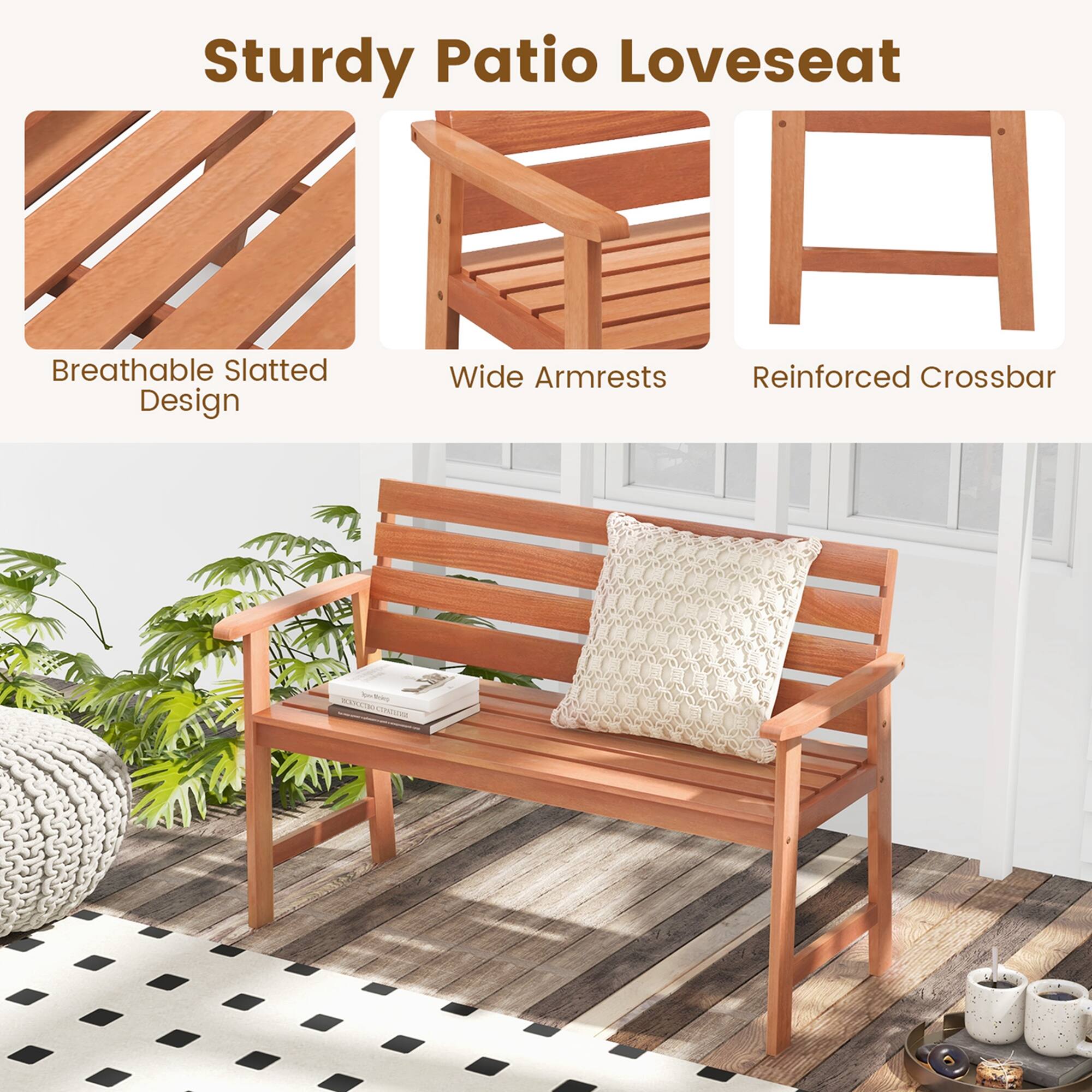 Sturdy Patio Loveseat

- Breathable Slatted Design
- Wide Armrests
- Reinforced Crossbar