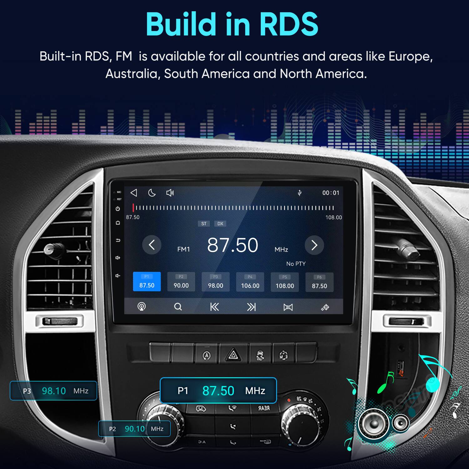 Build in RDS  
Built-in RDS, FM is available for all countries and areas like Europe, Australia, South America and North America.  

MC  
00:01  
87.50  
ST  
DX  
108.00  
FM1 87.50 MHz  
No PTY  
P1  
P2  
P3  
P4  
PS  
P6  
87.50  
90.00  
98.00  
106.00  
108.00  
87.50  
P3  
98.10 MHz  
P1  
87.50 MHz  
REAR  
P2  
90.10 MHz  
AC