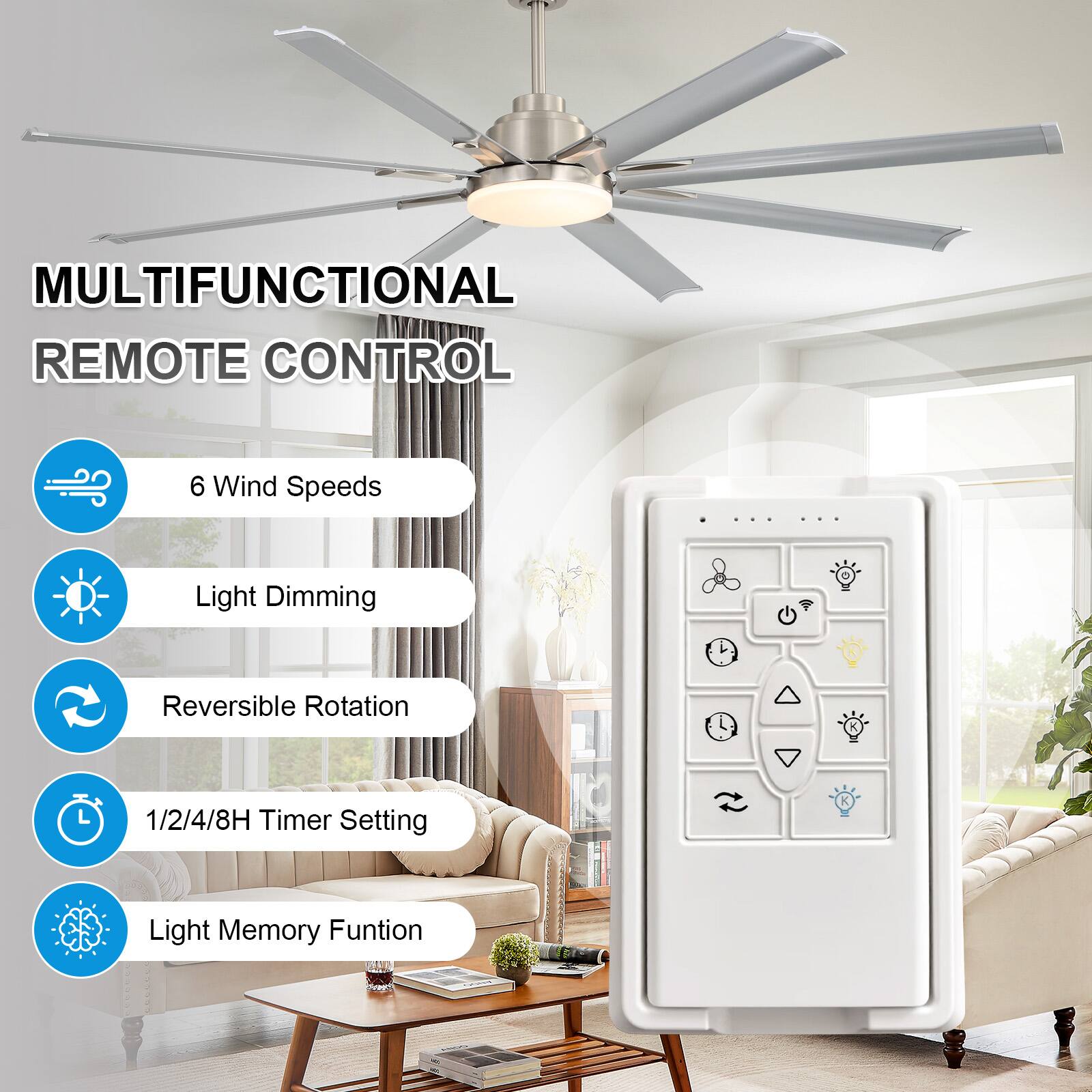 MULTIFUNCTIONAL REMOTE CONTROL

- 6 Wind Speeds
- Light Dimming
- Reversible Rotation
- 1/2/4/8H Timer Setting
- Light Memory Function
