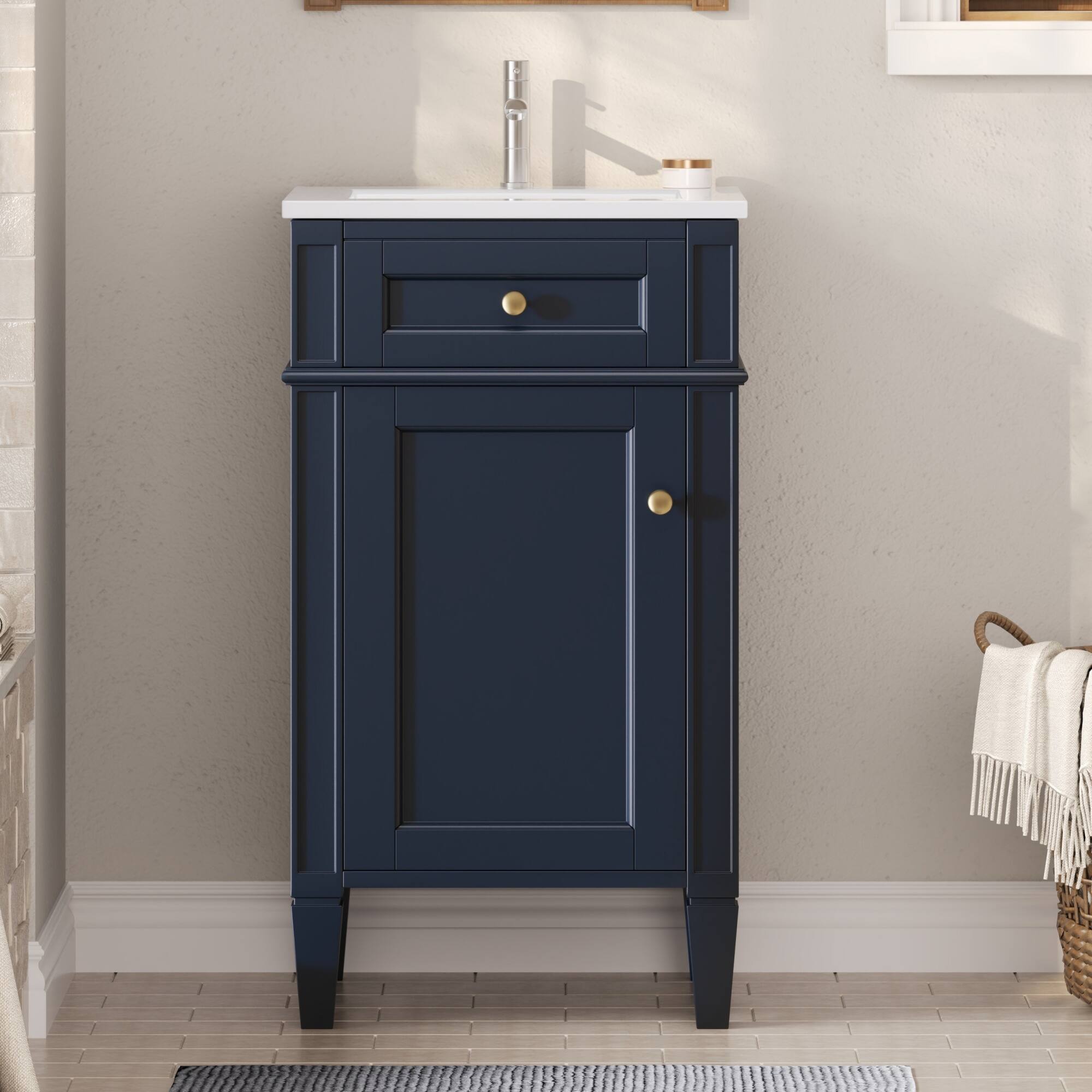 Left. JUJABU - Blue 18-inch Freestanding Bathroom Vanity with Ceramic Sink and Adjustable Shelf - Blue.
