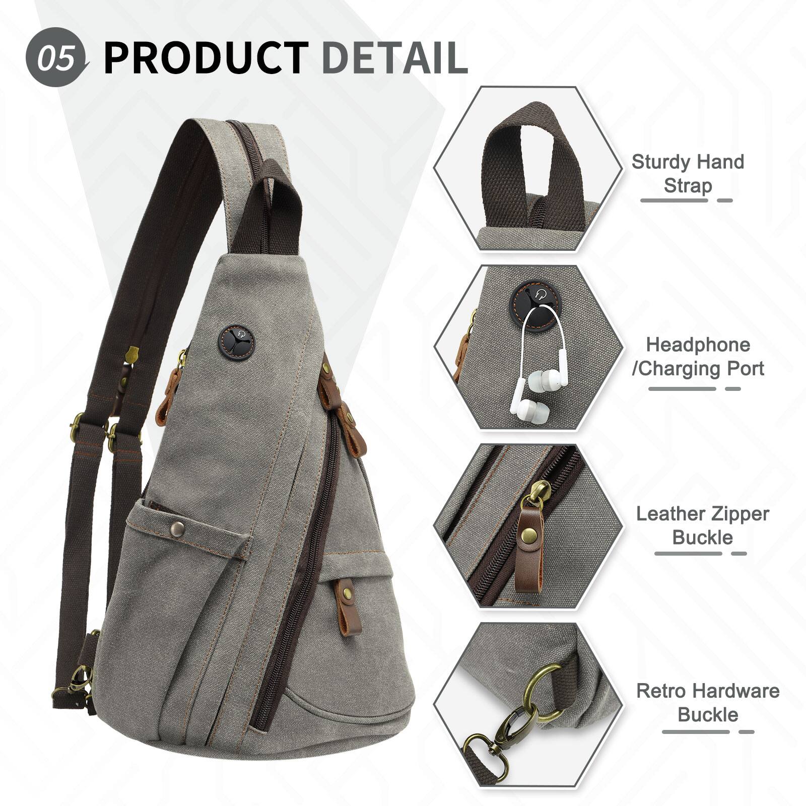 05 PRODUCT DETAIL

- Sturdy Hand Strap
- Headphone / Charging Port
- Leather Zipper Buckle
- Retro Hardware Buckle