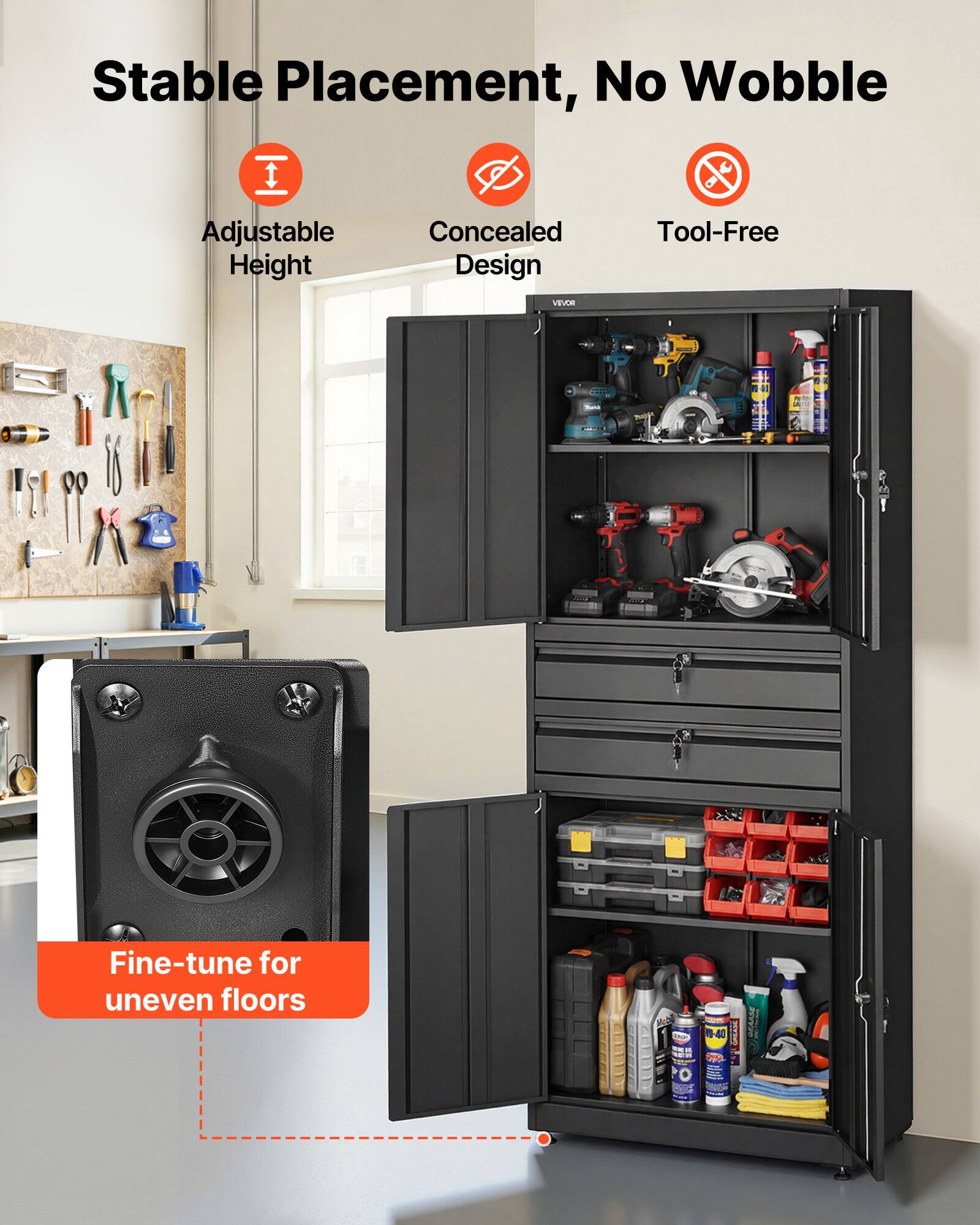 Stable Placement, No Wobble

- Adjustable Height
- Concealed Design
- Tool-Free

Fine-tune for uneven floors