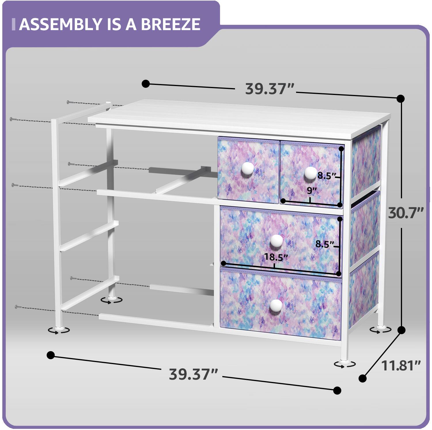 ASSEMBLY IS A BREEZE

- 39.37"
- 30.7"
- 11.81"
- 8.5"
- 9"
- 18.5"