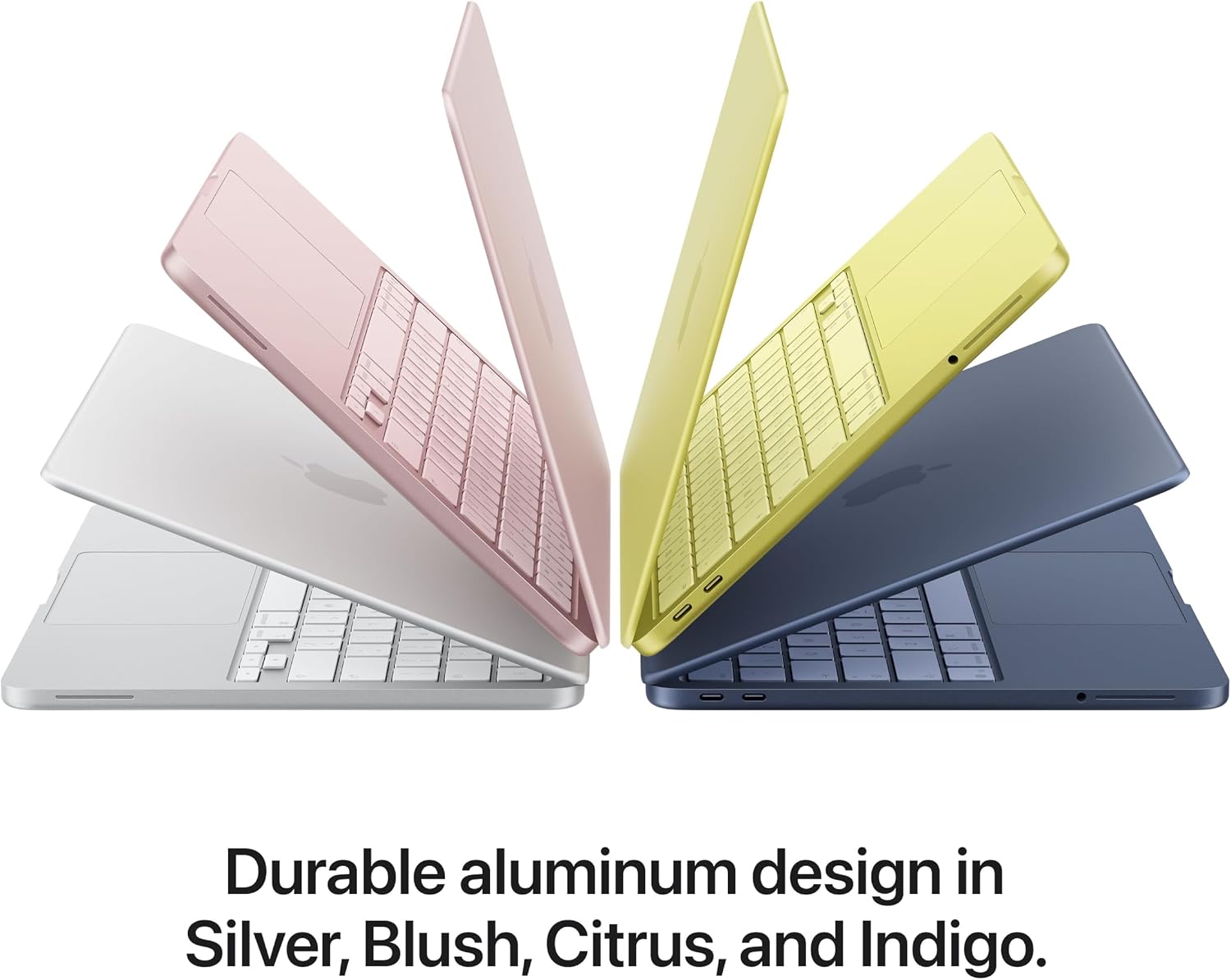 Durable aluminum design in Silver, Blush, Citrus, and Indigo.