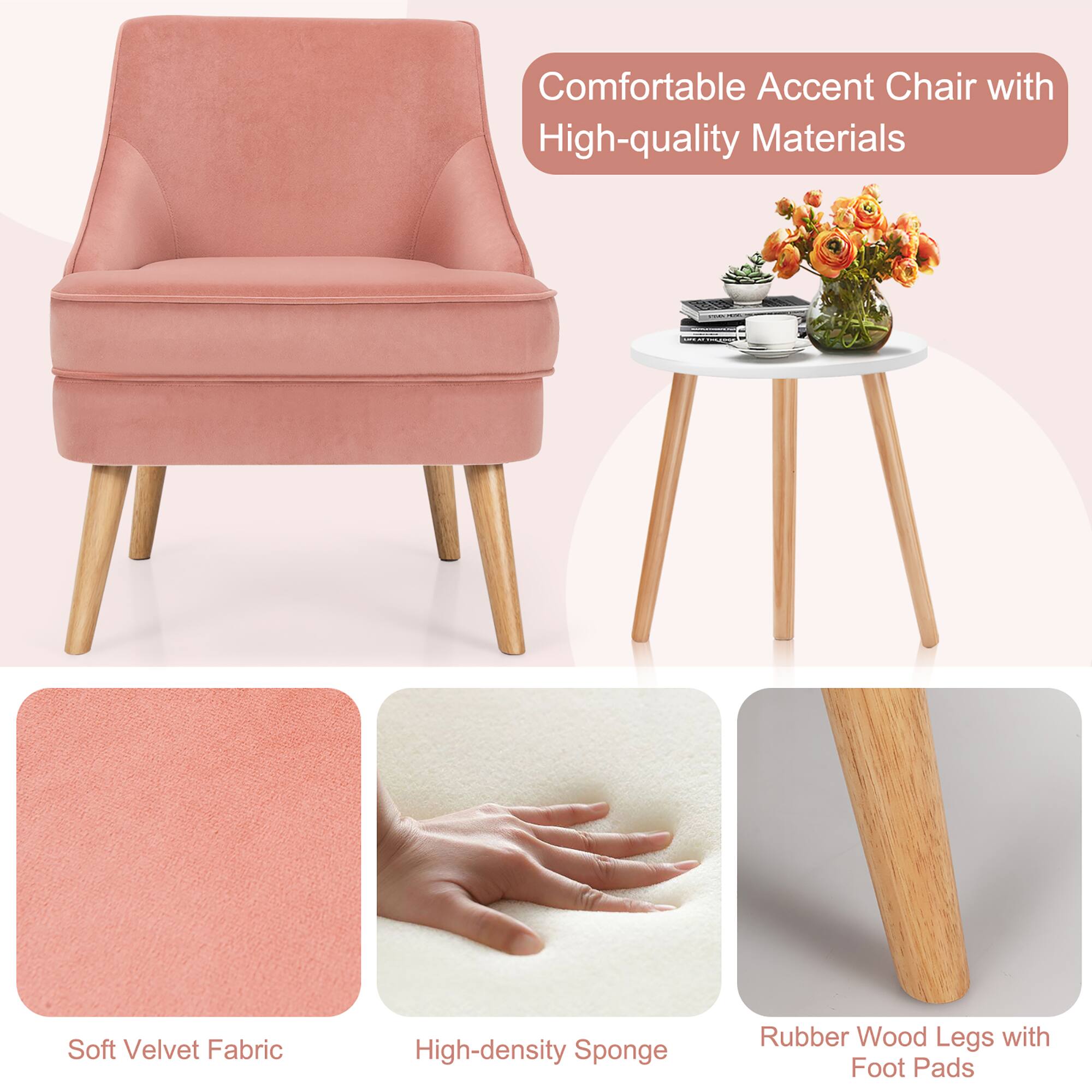 Comfortable Accent Chair with High-quality Materials: Soft Velvet Fabric High-density Sponge Rubber Wood Legs with Foot Pads