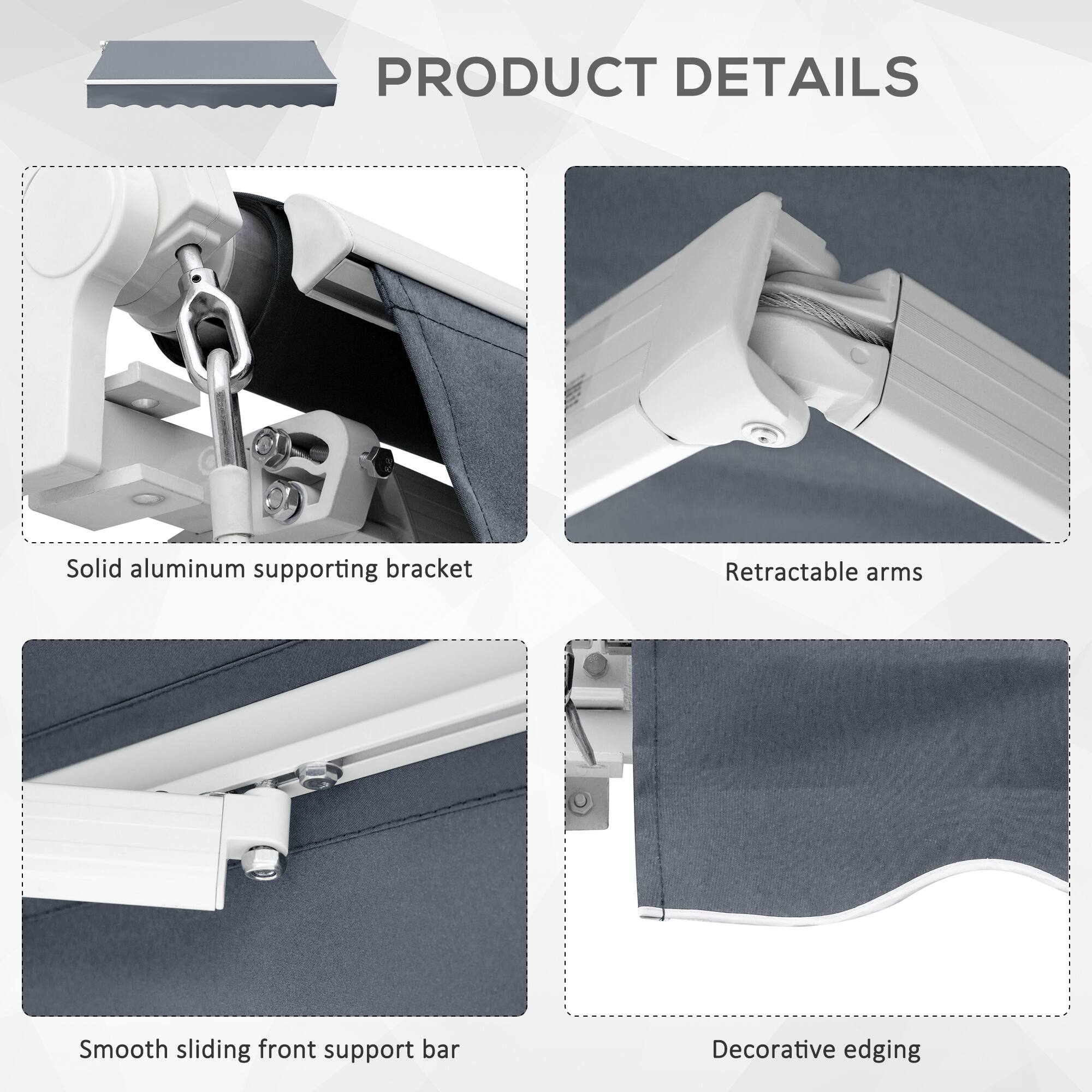 PRODUCT DETAILS

Solid aluminum supporting bracket
Retractable arms
Smooth sliding front support bar
Decorative edging