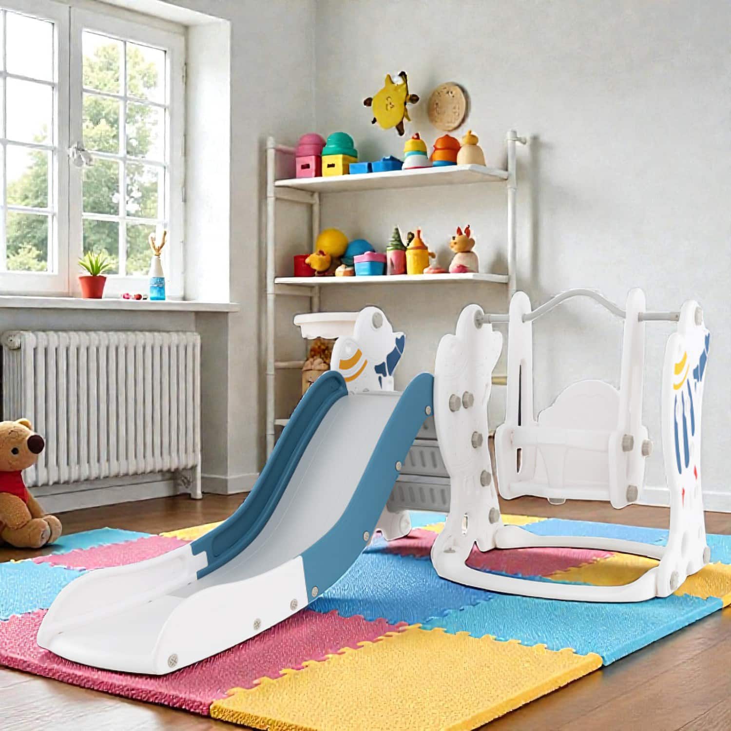BreeBe - 4-in-1 Adventure Playset for Kids with Slide, Swing, and Basketball Fun - Blue price history on PriceWatchPro
