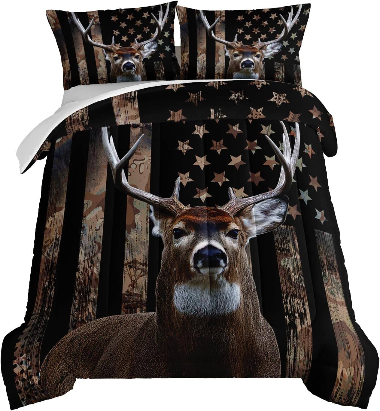 Wikistore - Deer Hunting Camo Comforter Set Queen Size American Flag Theme Bedding with 2 Pillowcases - As Picture