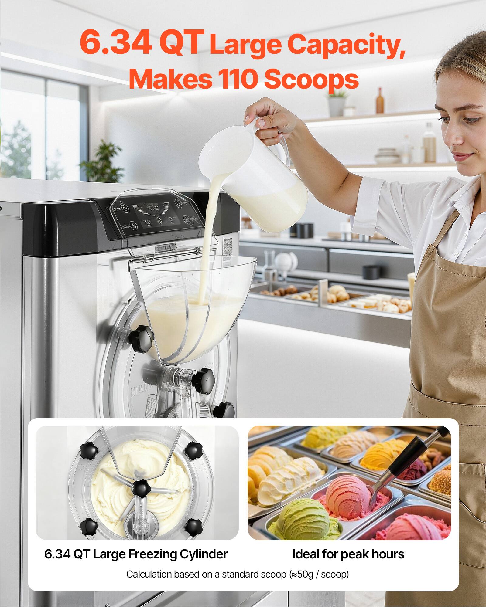 6.34 QT Large Capacity, Makes 110 Scoops

100% W

6.34 QT Large Freezing Cylinder Ideal for peak hours Calculation based on a standard scoop (50g / scoop)