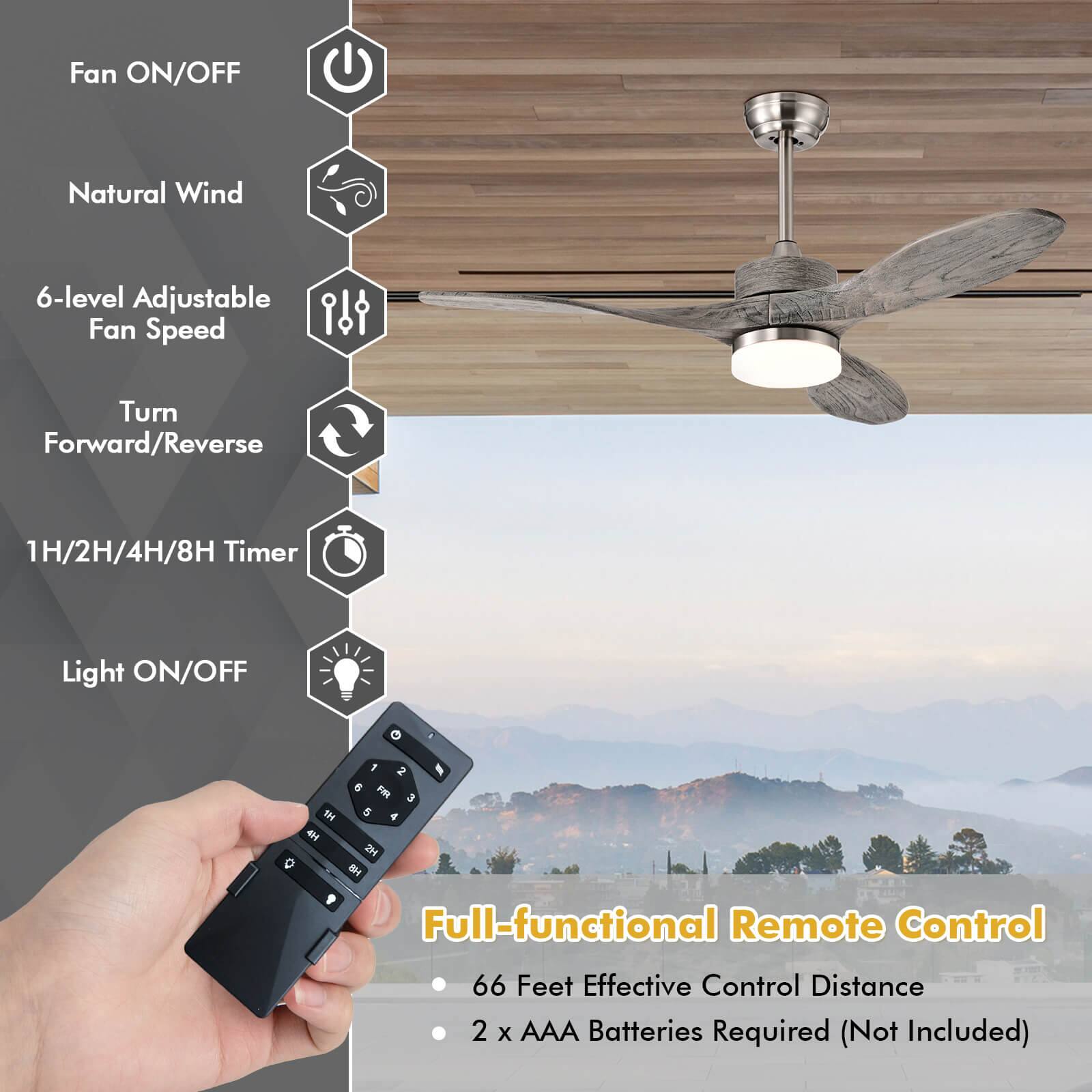 Fan ON/OFF  
Natural Wind  
6-level Adjustable Fan Speed  
Turn Forward/Reverse  
1H/2H/4H/8H Timer  
Light ON/OFF  

Full-functional Remote Control  
66 Feet Effective Control Distance  
2 x AAA Batteries Required (Not Included)