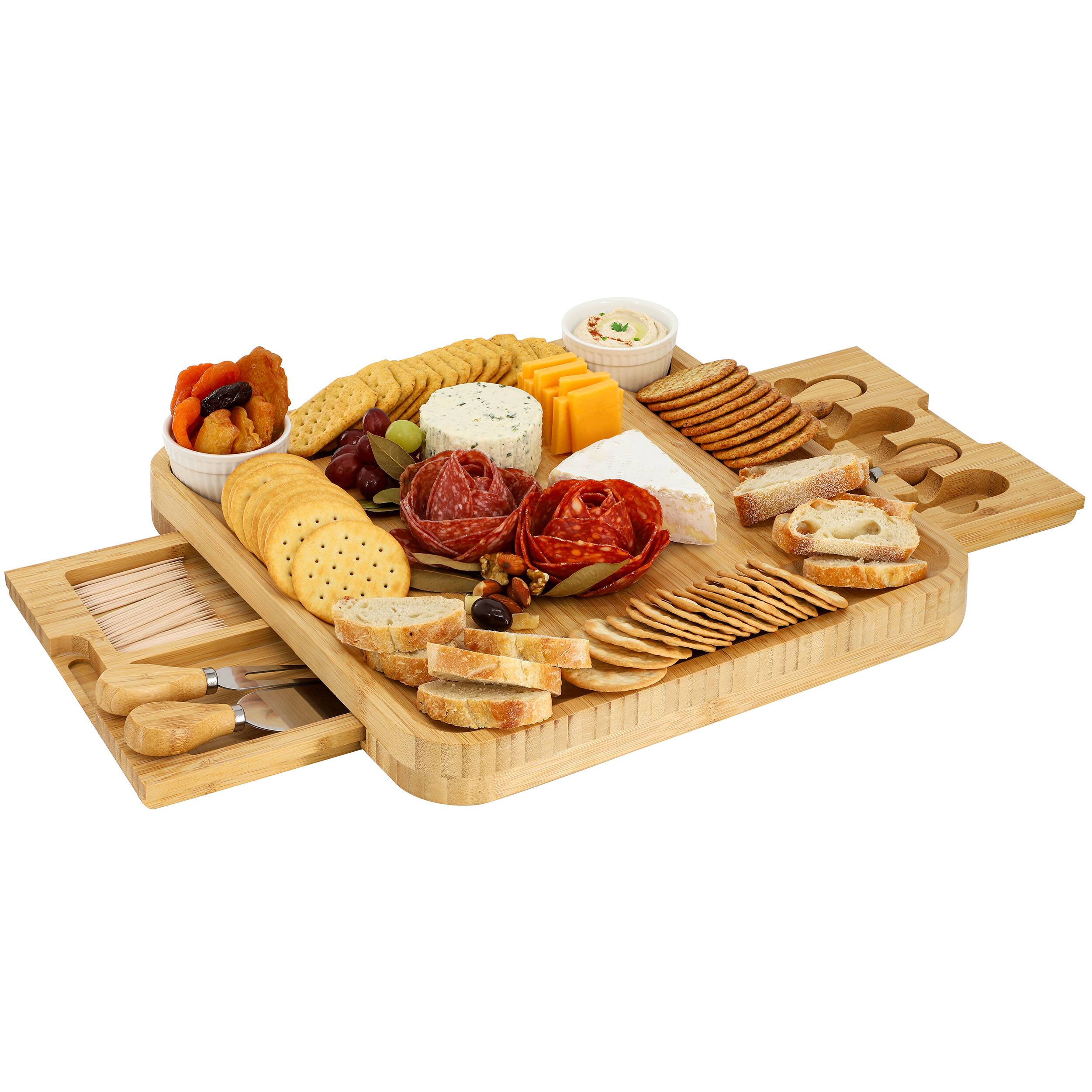 Front. MegaChef - MegaChef Bamboo Charcuterie Cheese Board Set with Ramekins and Slide Out Cutlery Drawer - Brown.