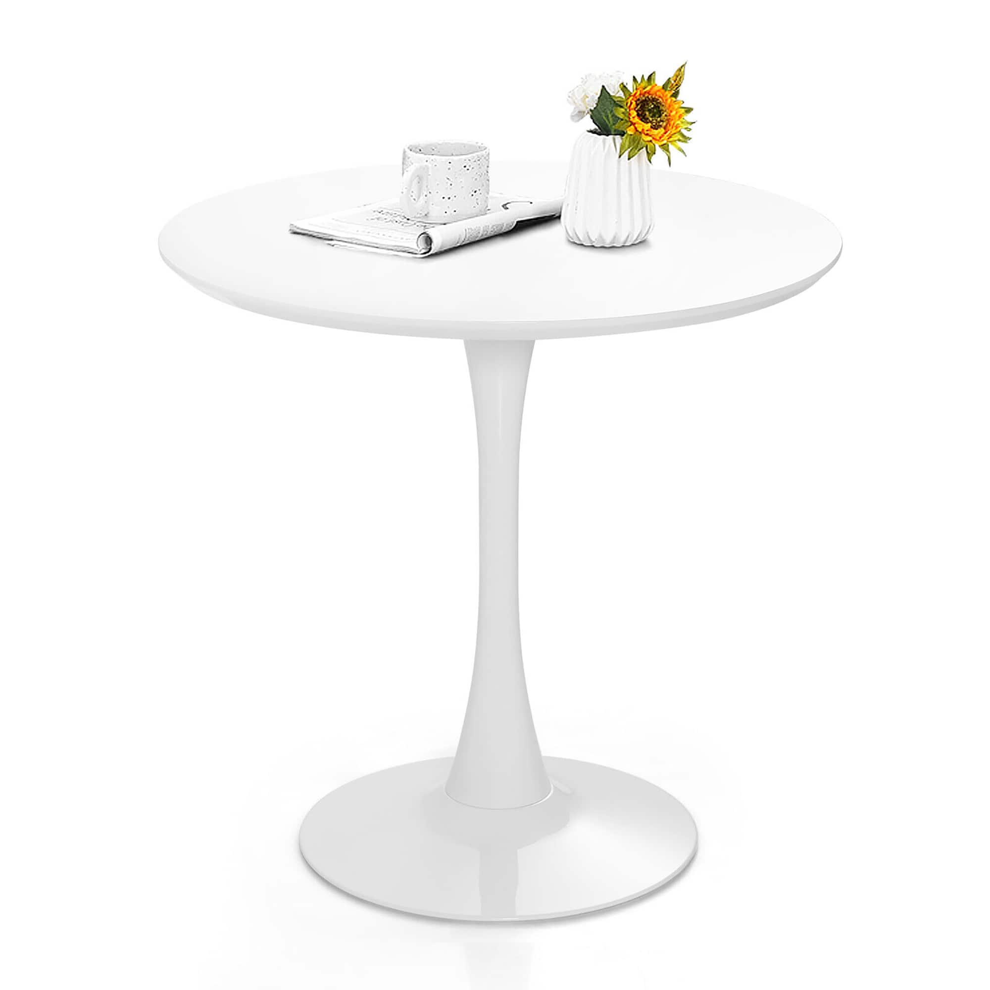 Gymax - 32'' Modern Tulip Kitchen Table Round Dining Table w/ MDF Top & Metal Pedestal Base - White