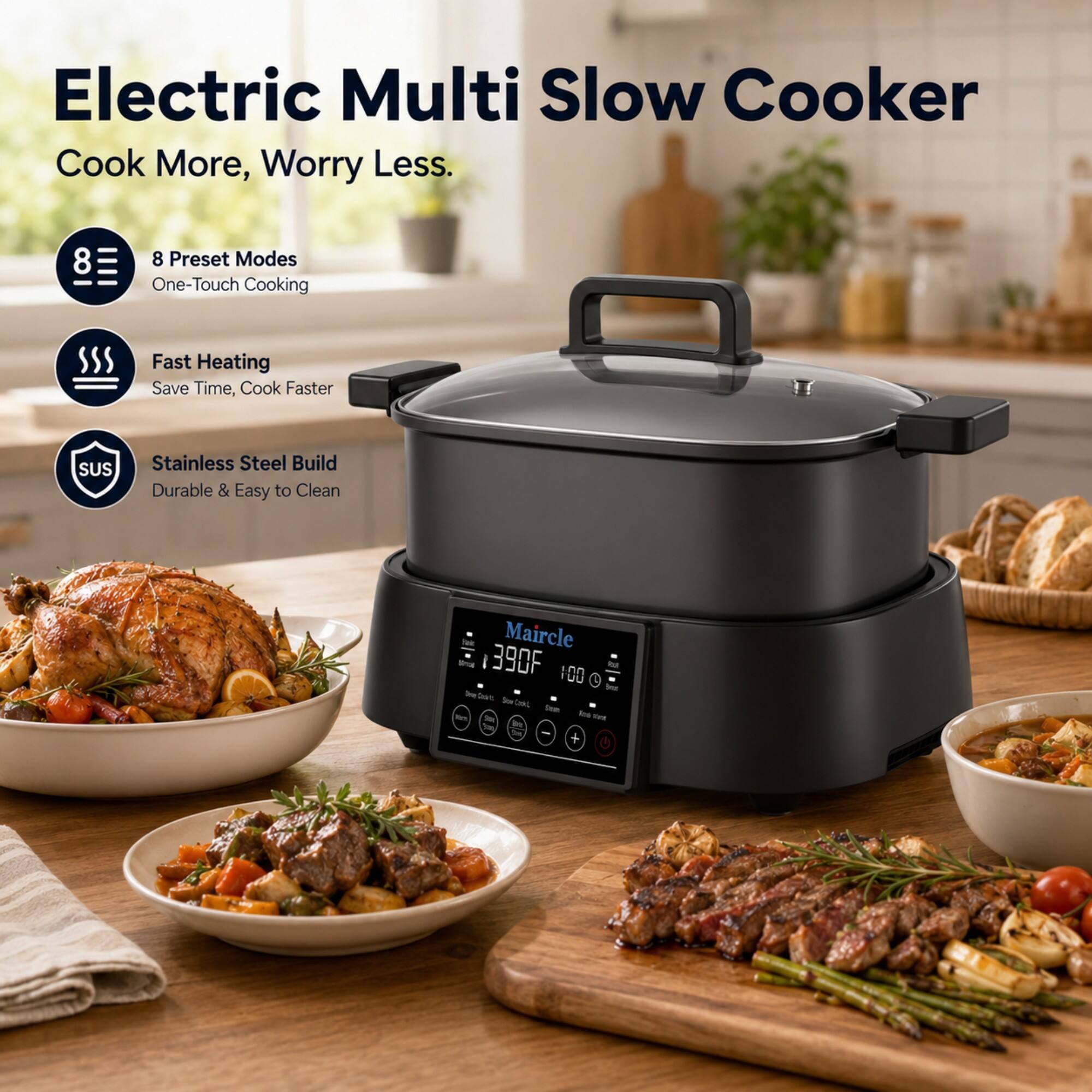 Electric Multi Slow Cooker  
Cook More, Worry Less.  

8 Preset Modes  
One-Touch Cooking  

Fast Heating  
Save Time, Cook Faster  

Stainless Steel Build  
Durable & Easy to Clean  

Maircle  
390F